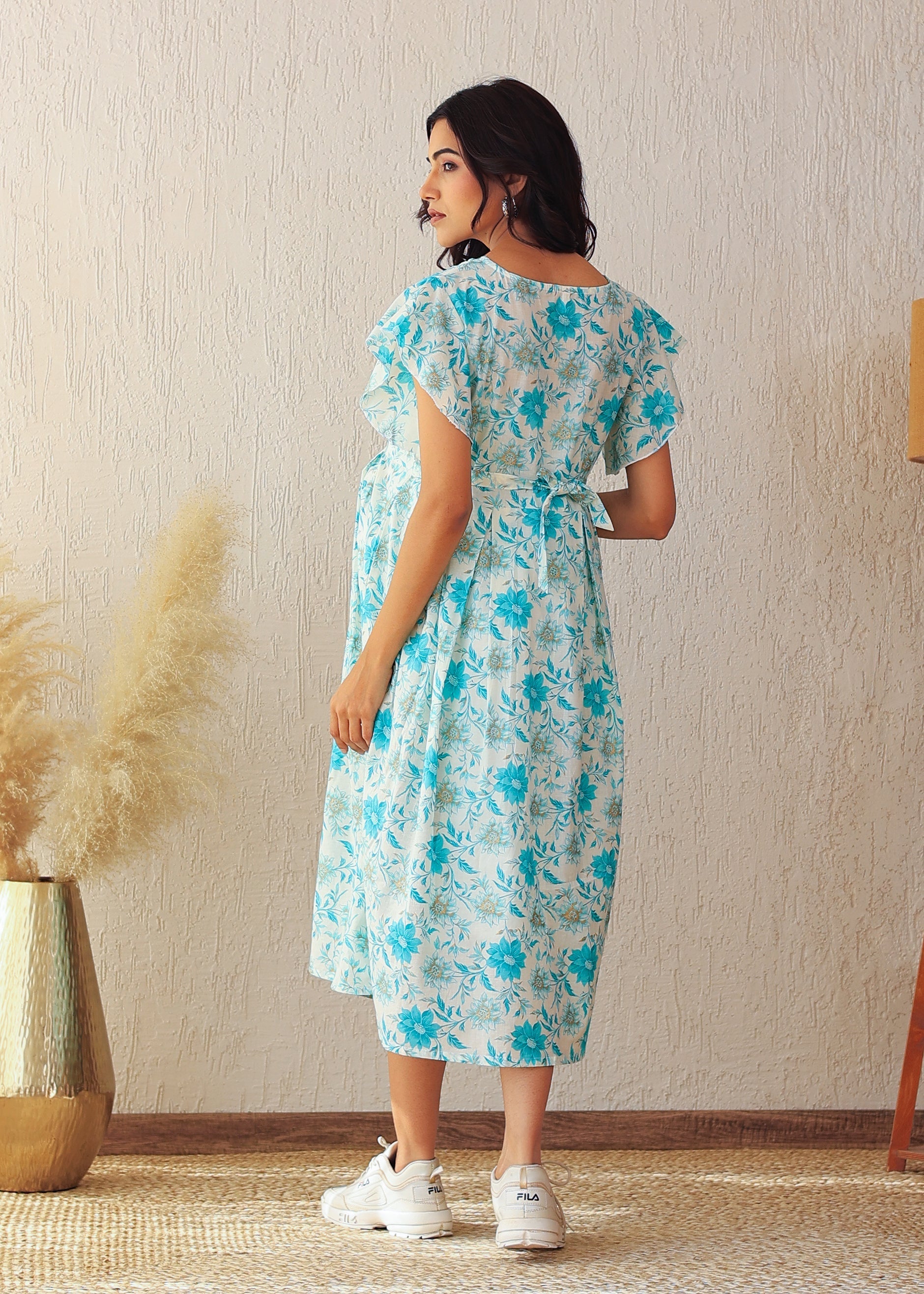 Plus size Blue Floral Cotton Nursing Midi Dress: Stylish Comfort