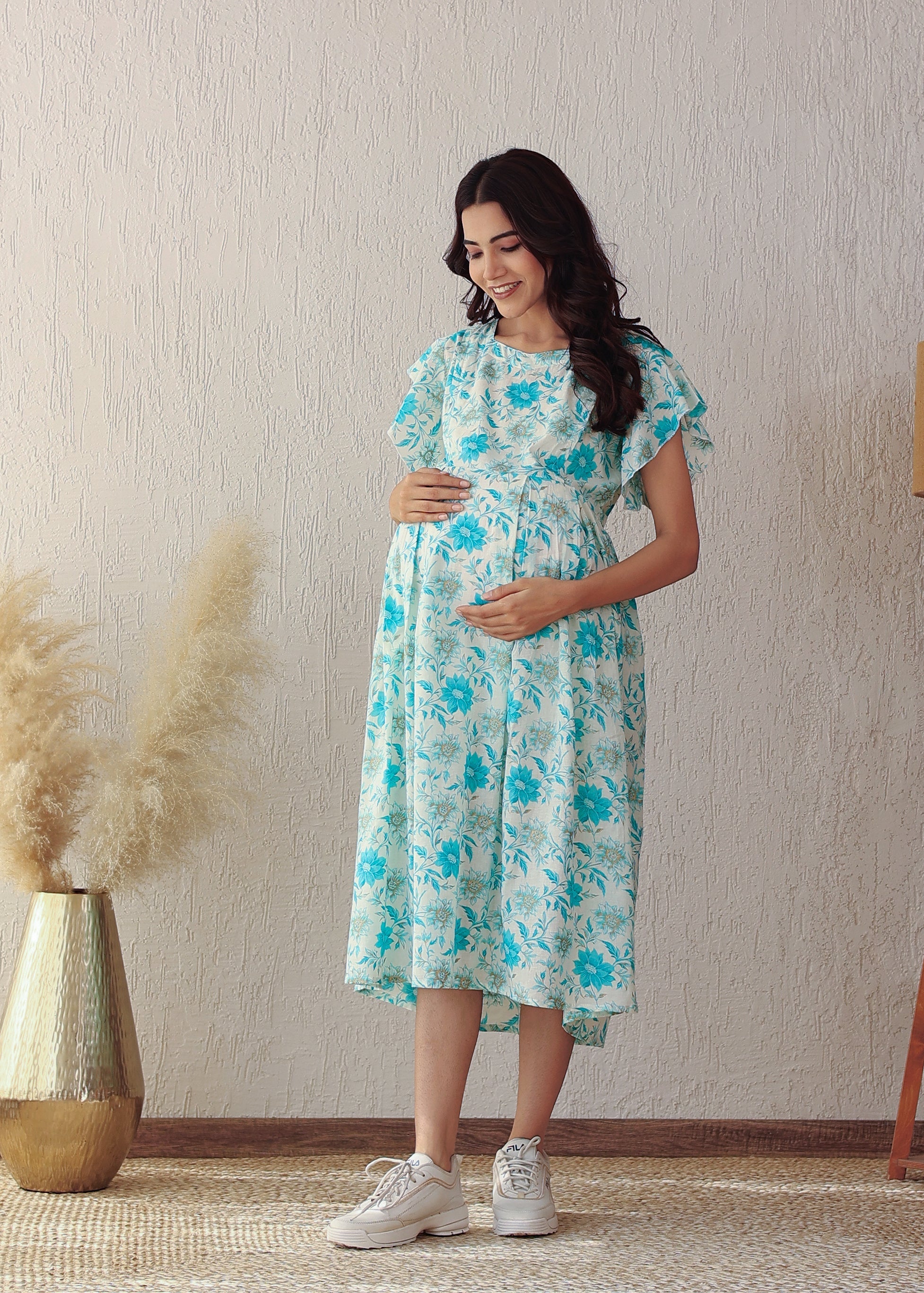 Plus size Blue Floral Cotton Nursing Midi Dress: Stylish Comfort