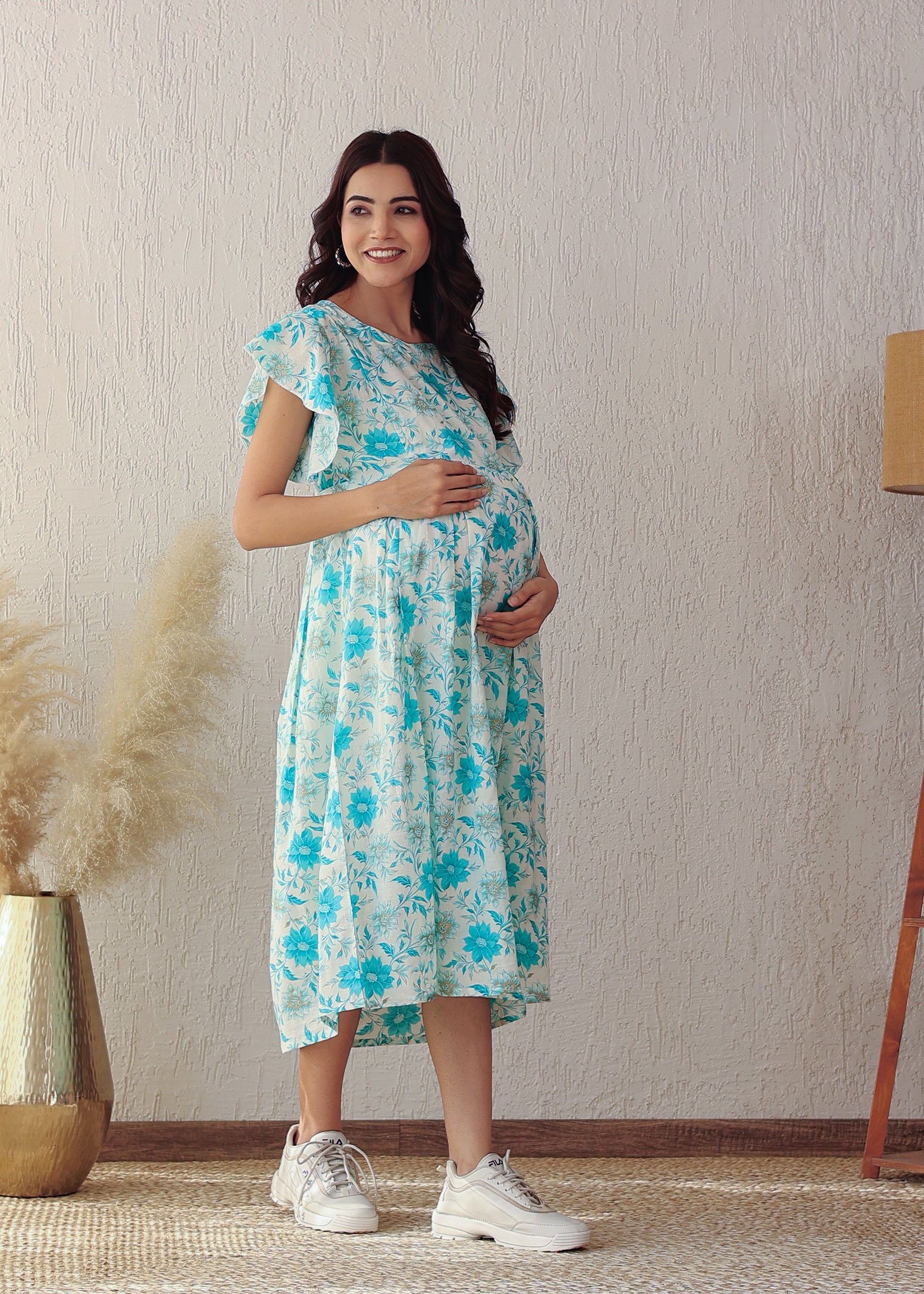 Blue Floral Cotton Nursing Midi Dress: Stylish Comfort