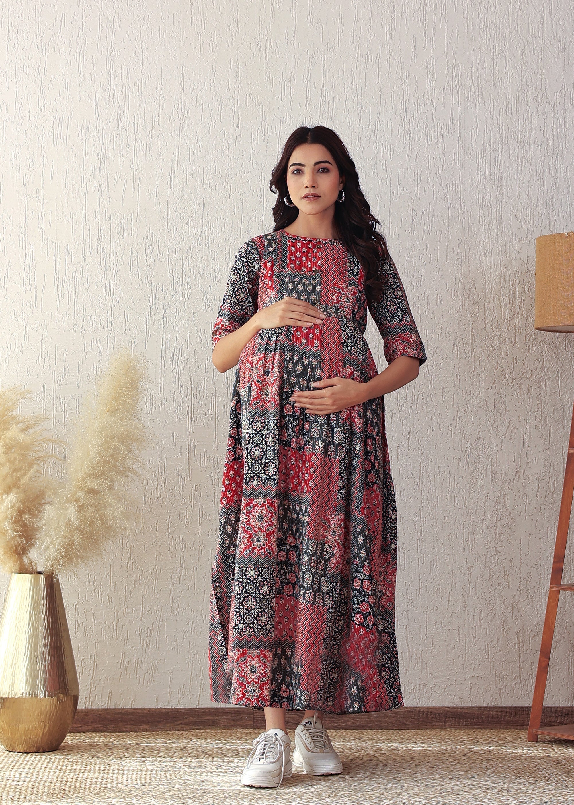 Black and Red Cotton Kantha Printed Nursing Gown