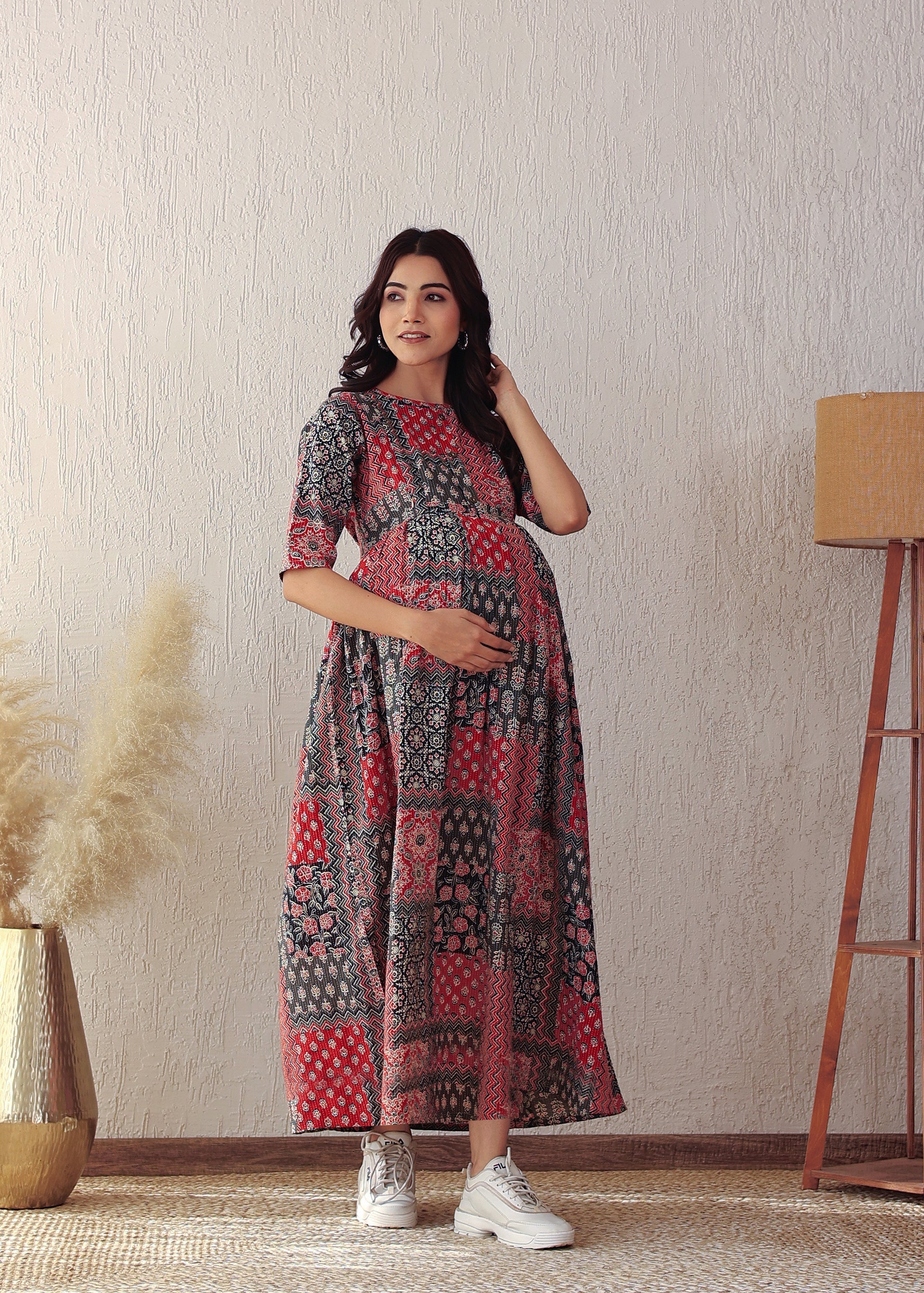 Black and Red Cotton Kantha Printed Nursing Gown