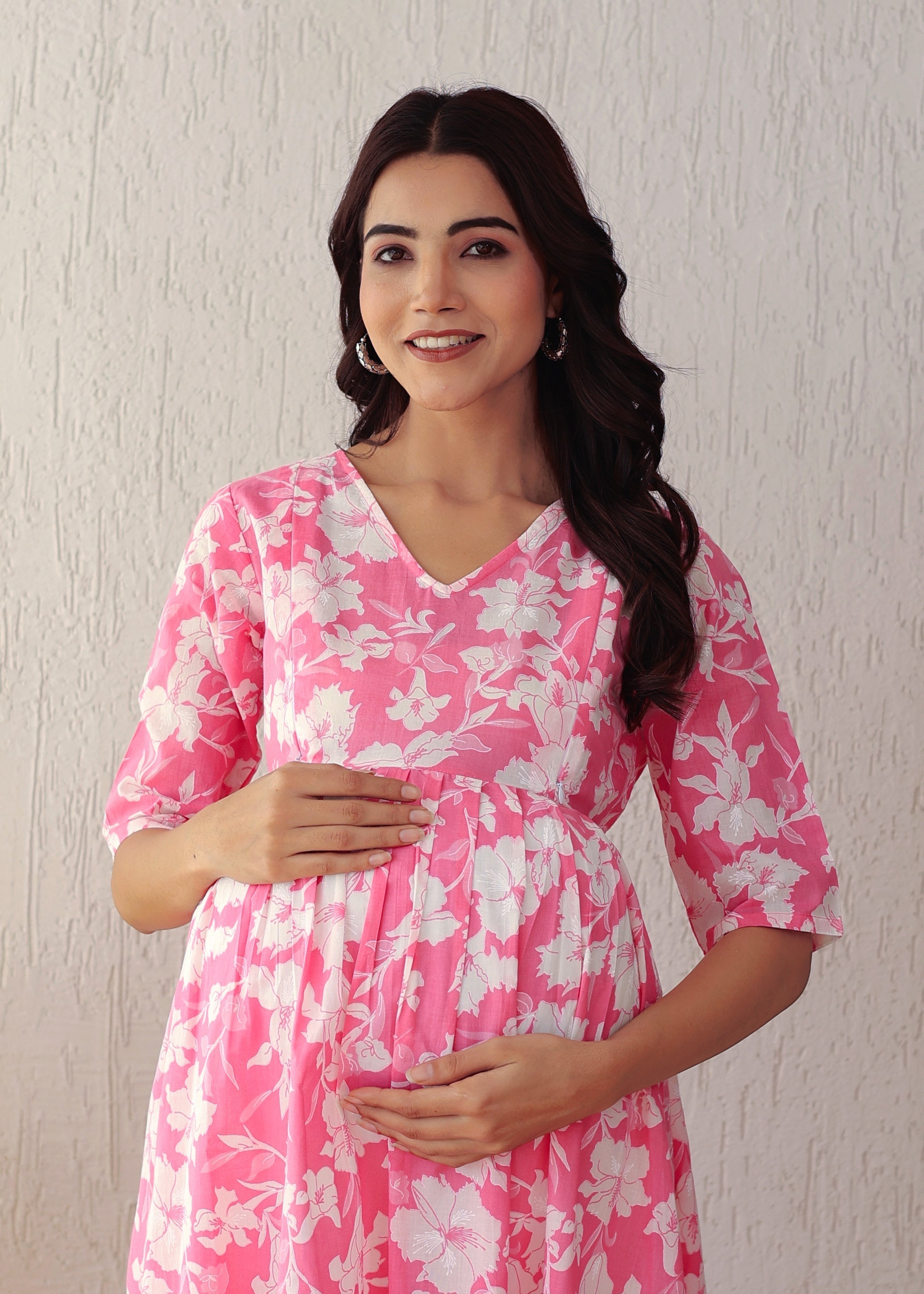 Plus size Pink and White Cotton Printed Nursing Gown