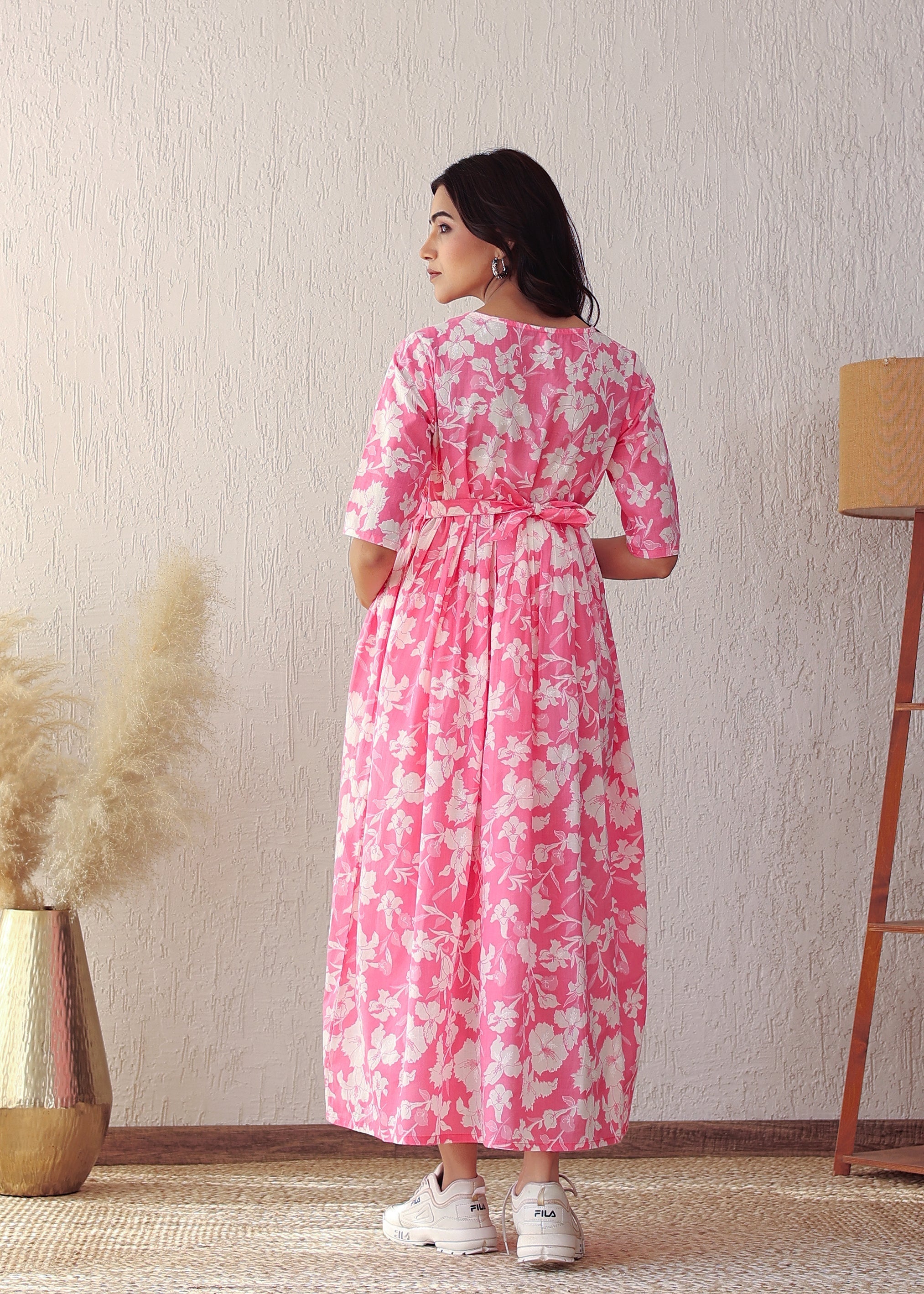 Plus size Pink and White Cotton Printed Nursing Gown