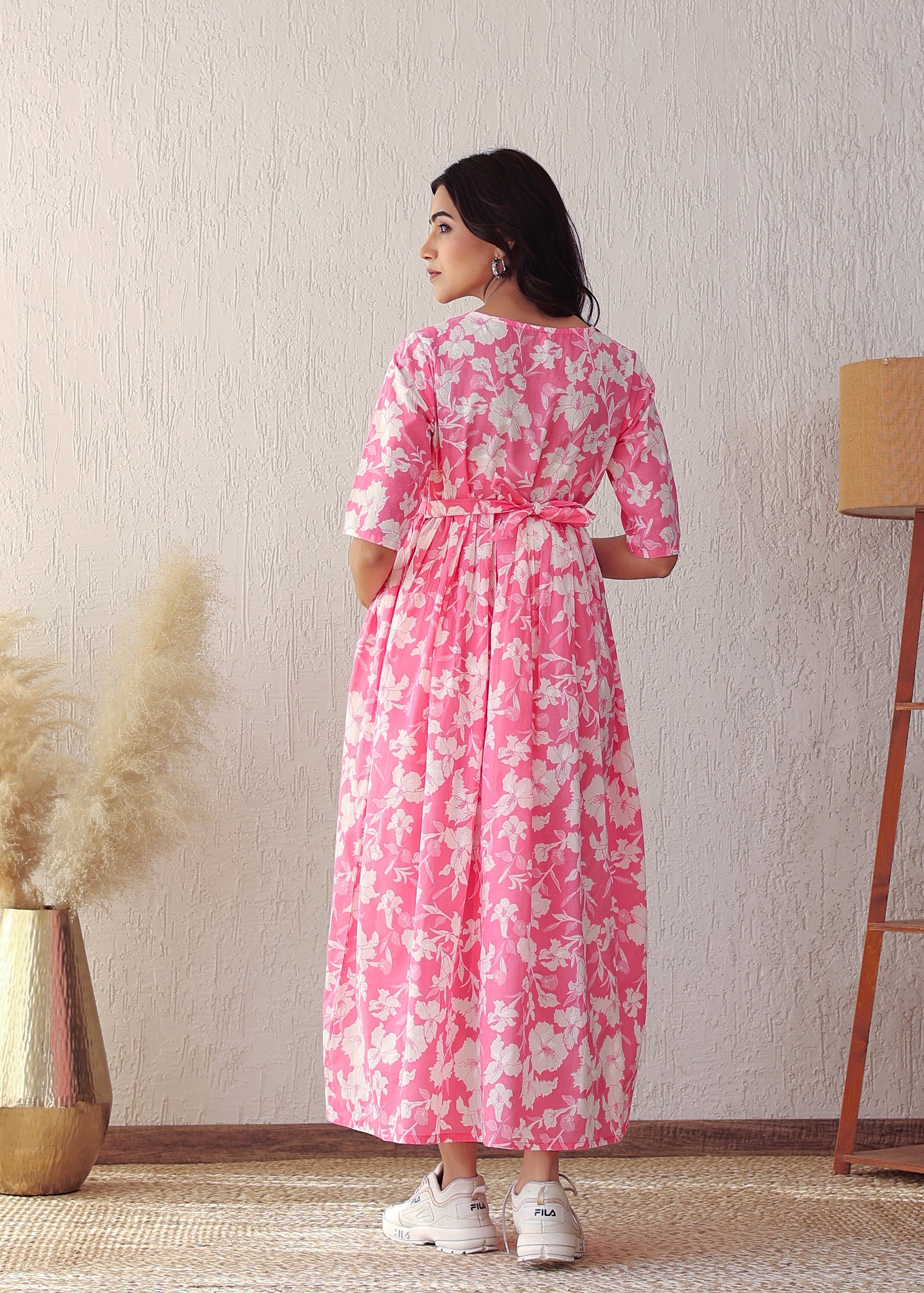 Pink and White Cotton Printed Nursing Gown