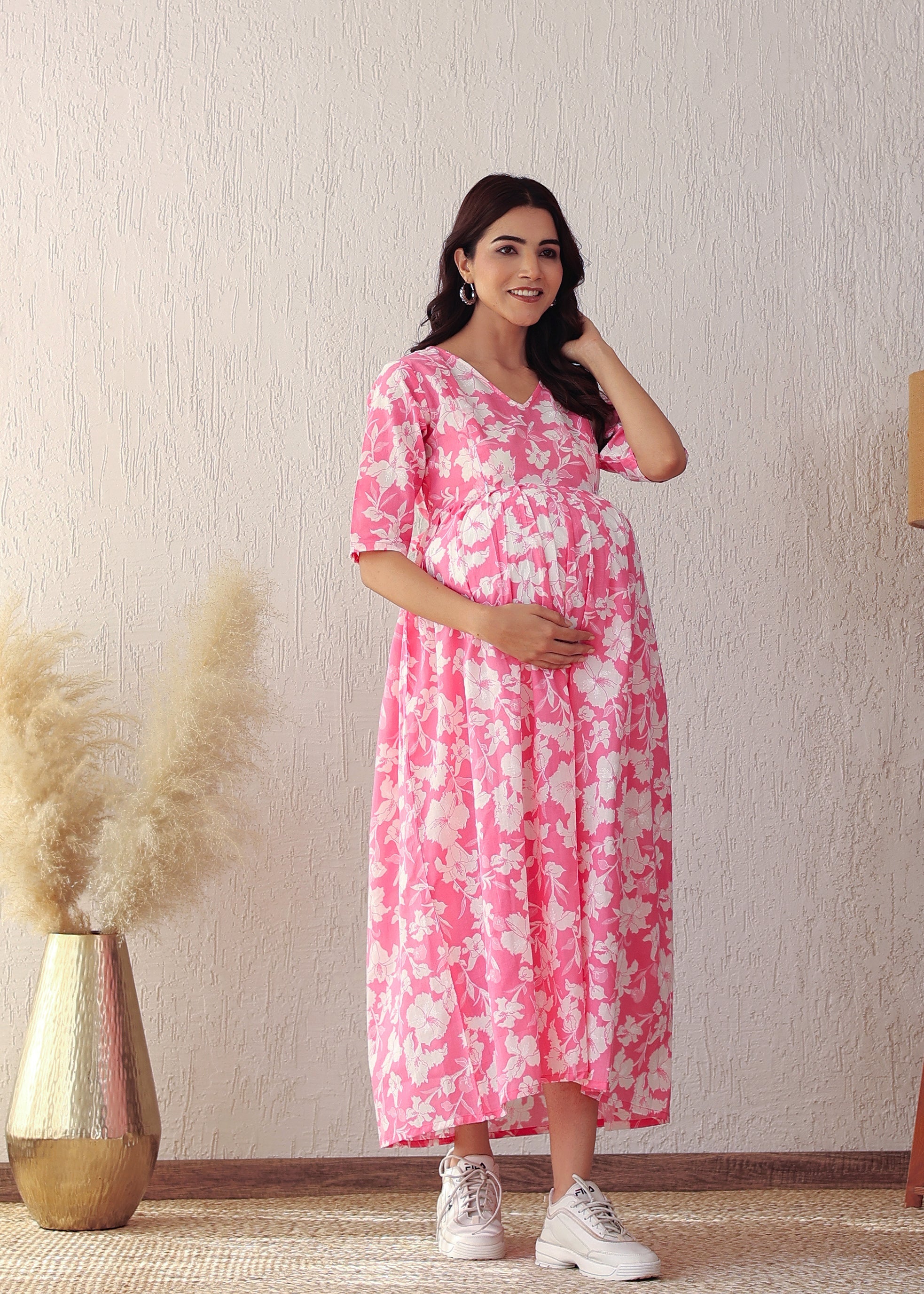Pink and White Cotton Printed Nursing Gown