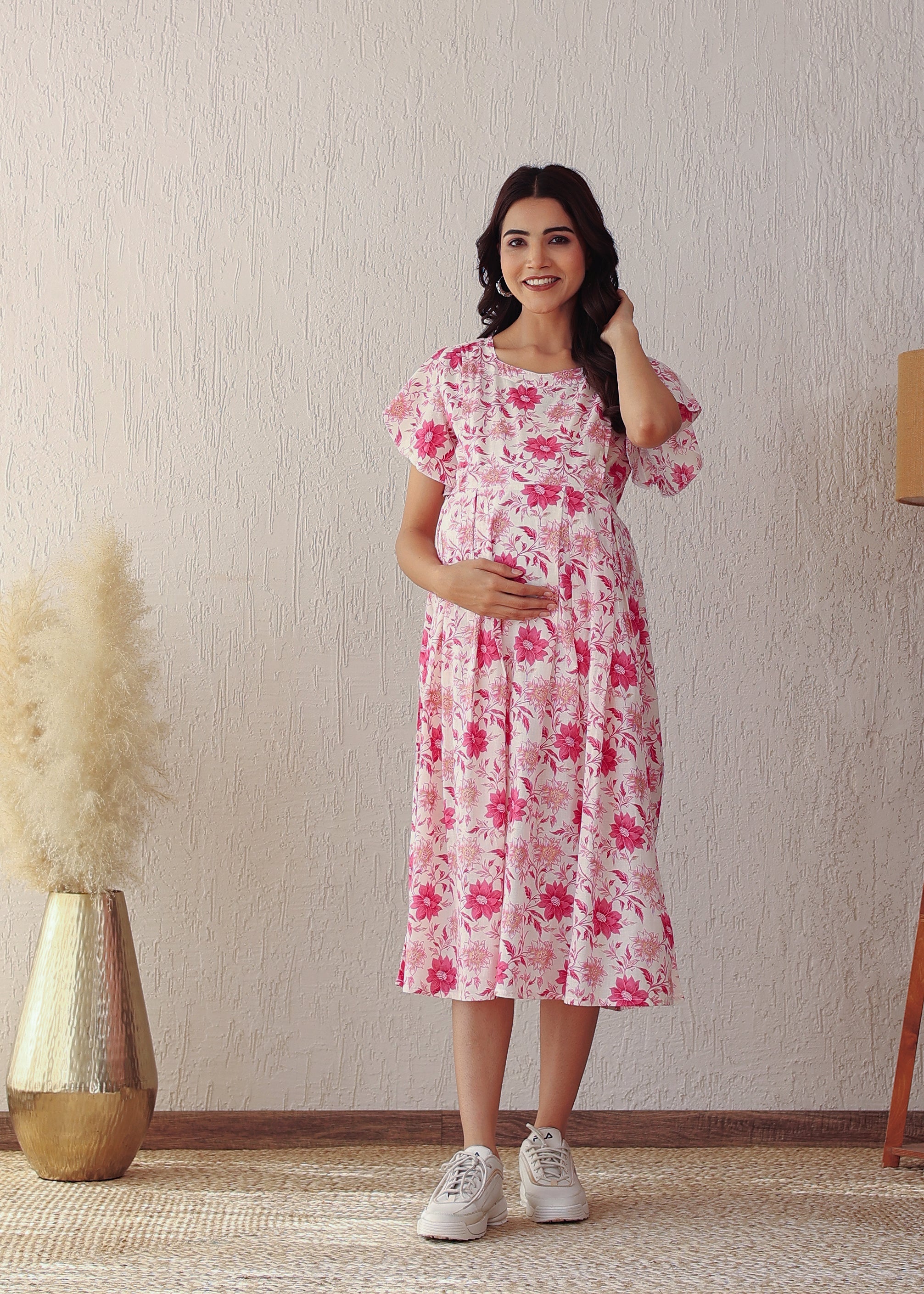 Pink Floral Cotton Nursing Midi Dress: Stylish Comfort