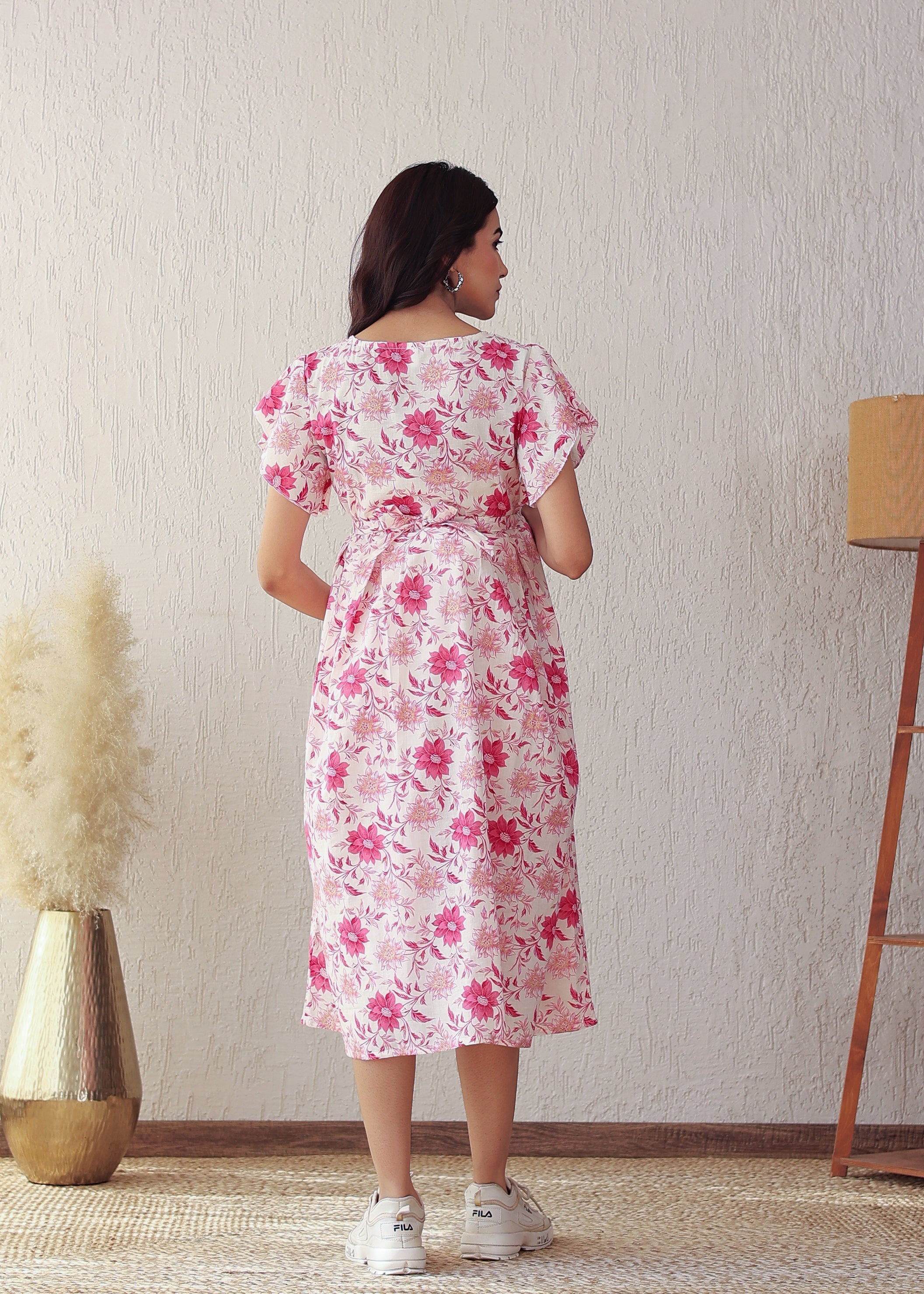 Plus size Pink Floral Cotton Nursing Midi Dress: Stylish Comfort