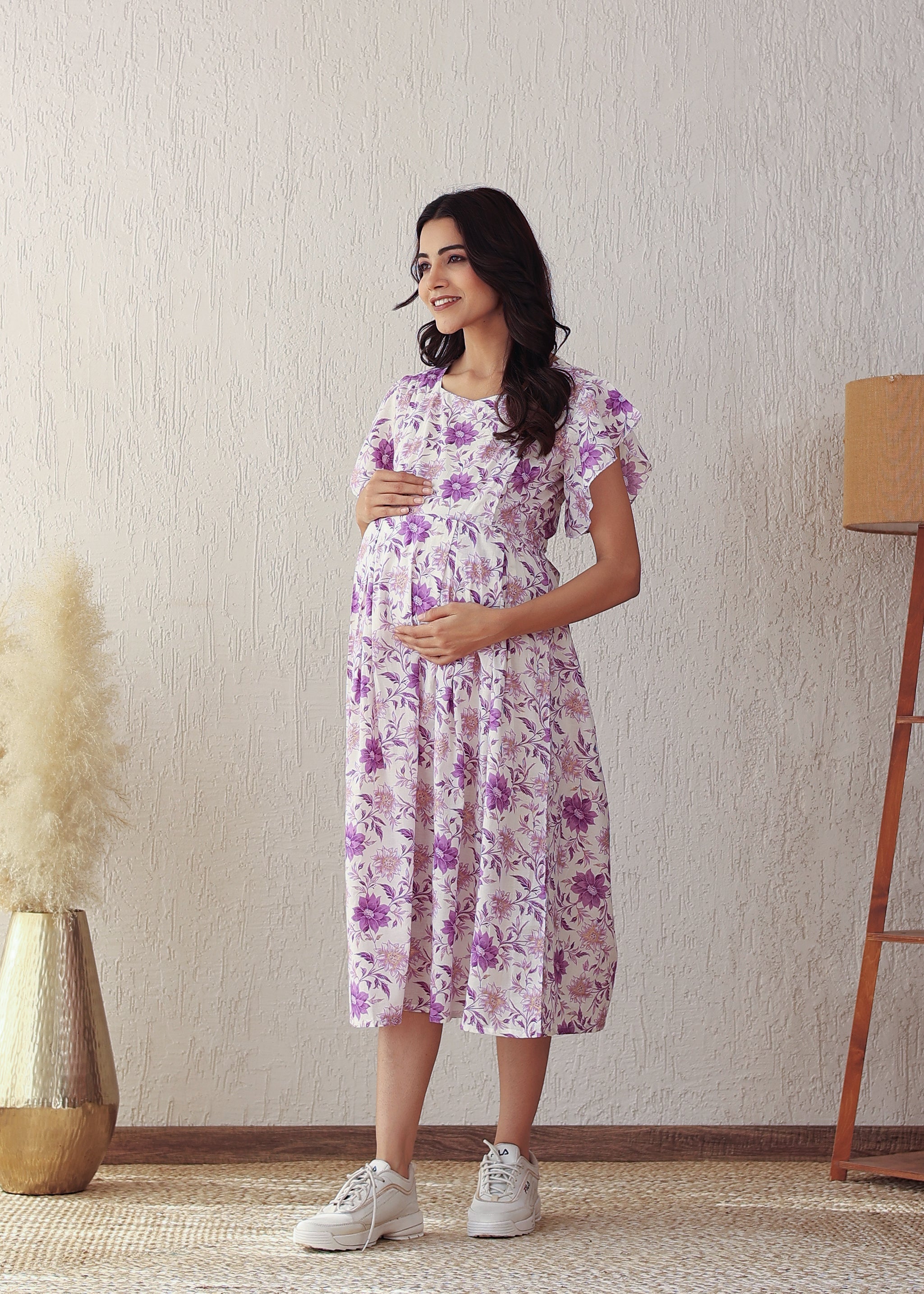 Plus size Purple Floral Cotton Nursing Midi Dress: Stylish Comfort