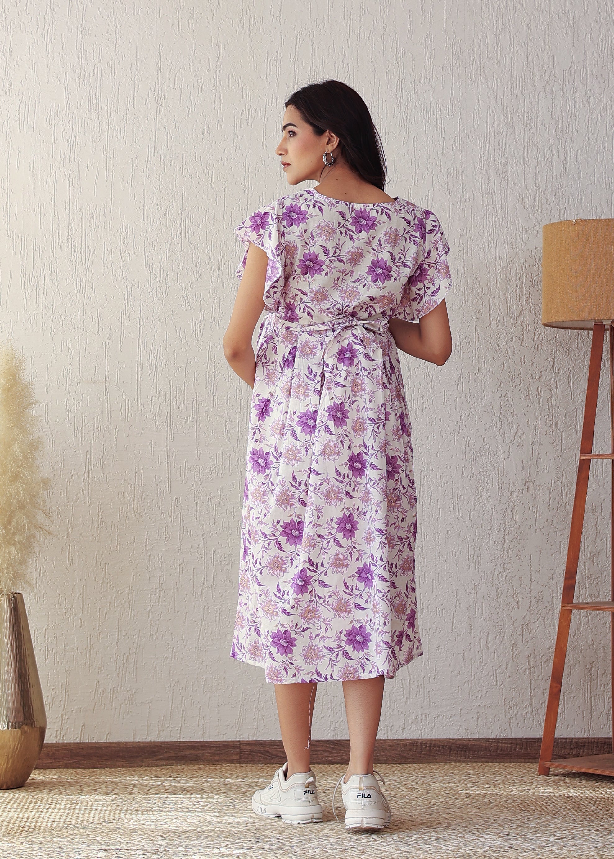 Purple Floral Cotton Nursing Midi Dress: Stylish Comfort