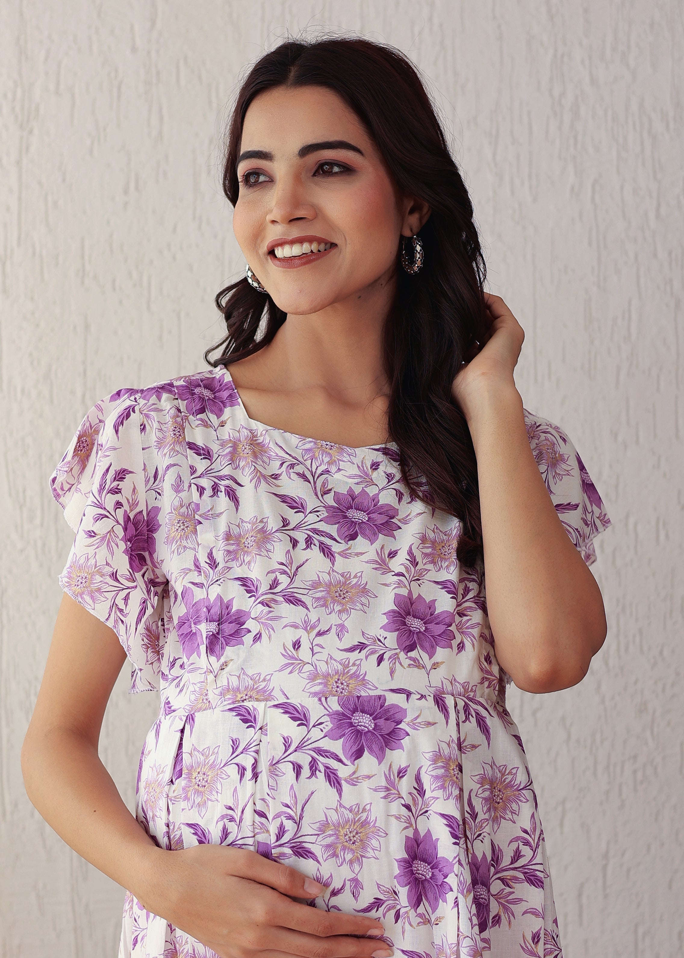 Plus size Purple Floral Cotton Nursing Midi Dress: Stylish Comfort