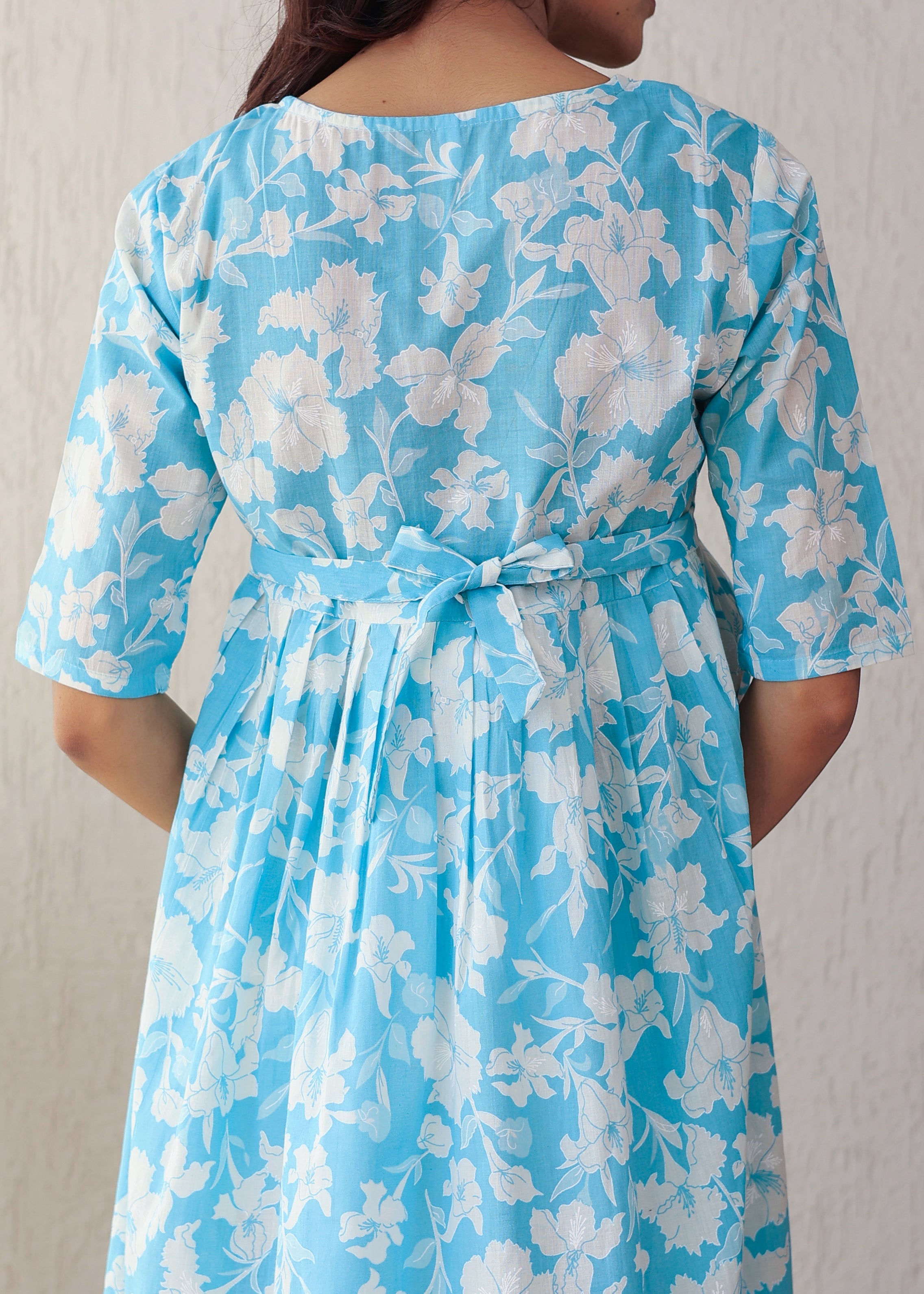 Sky Blue Cotton Printed Nursing Gown