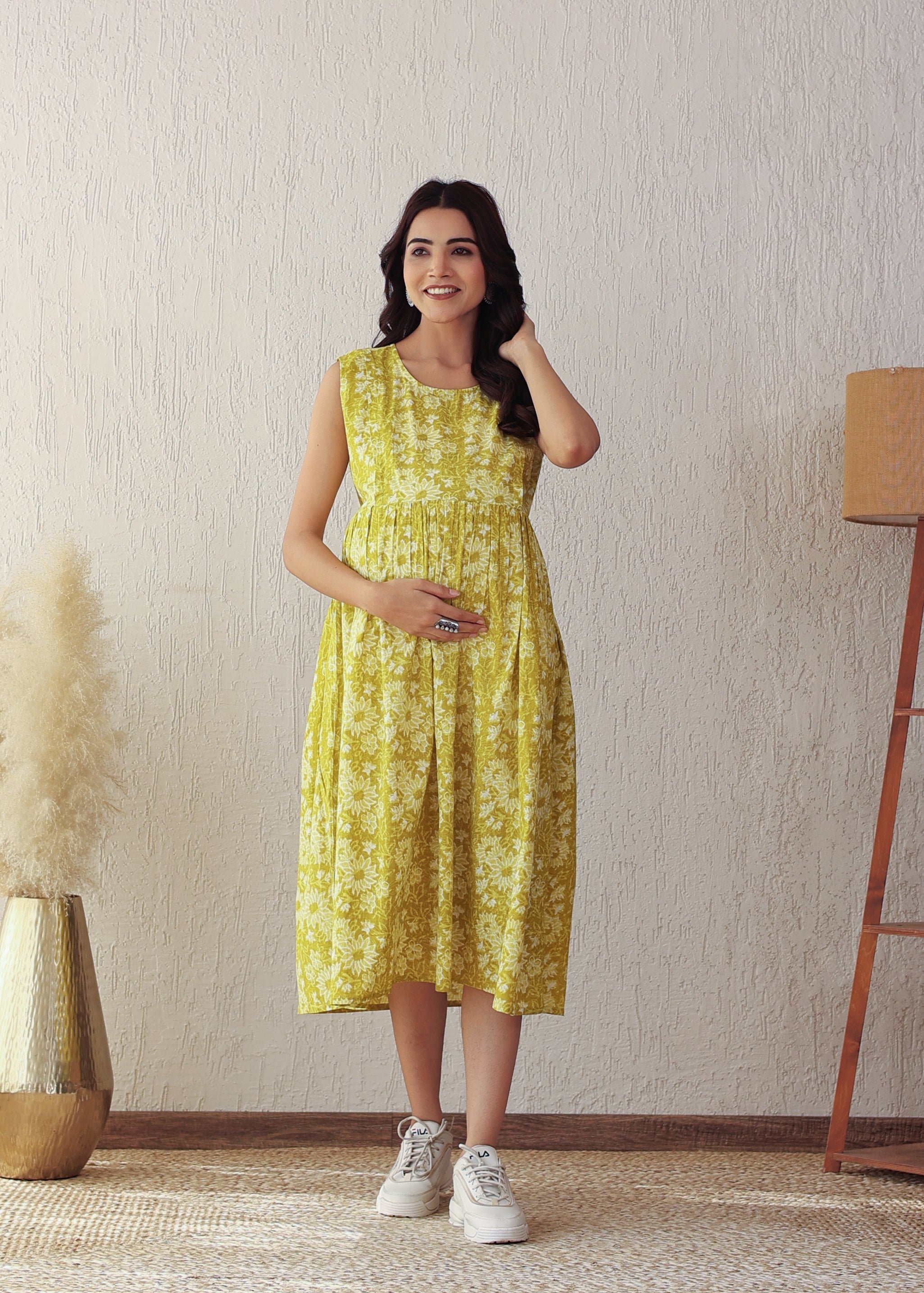Chic Comfort: Lime Green Floral Cotton Nursing Midi Dress