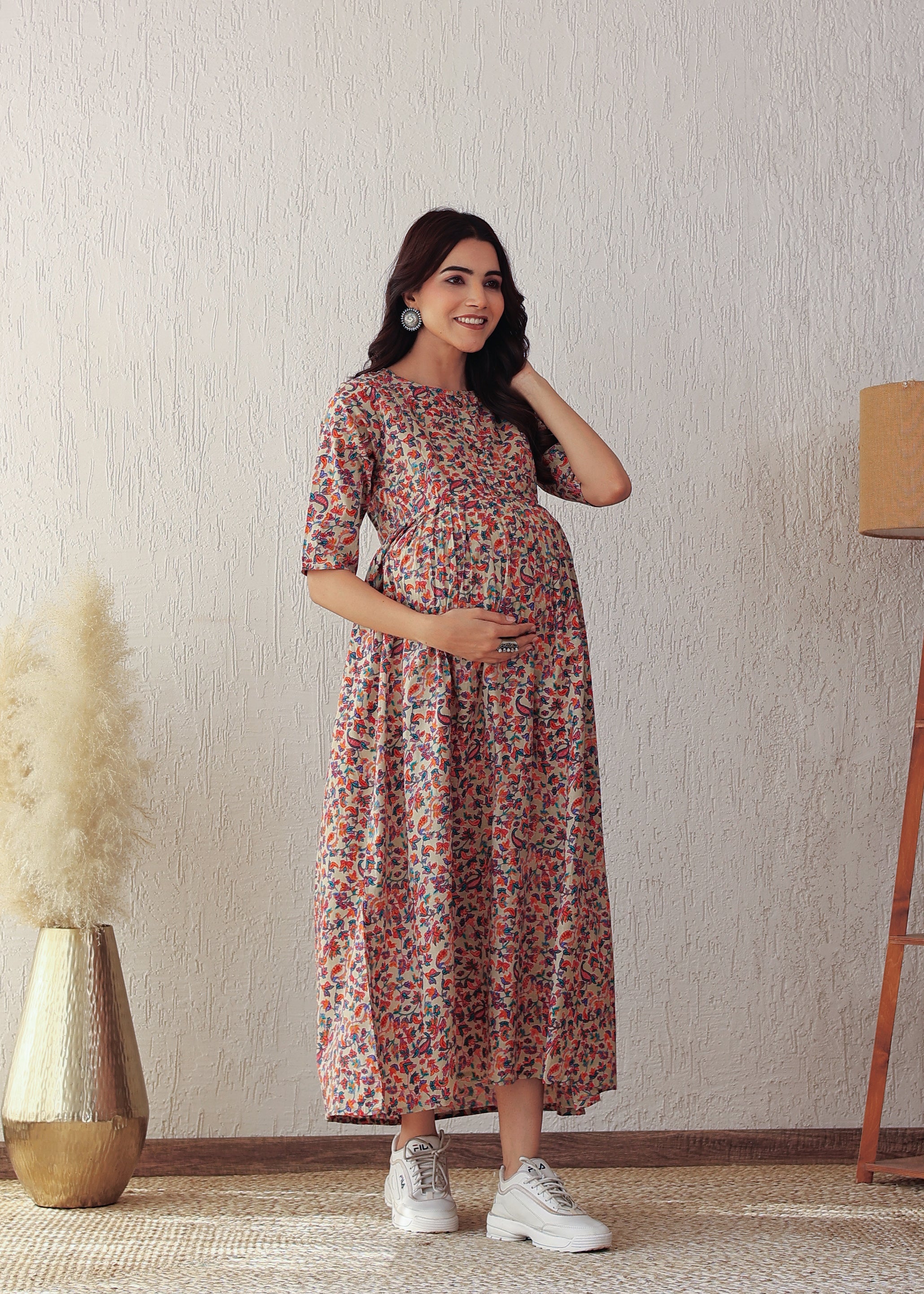 Multicolored Cotton Printed Nursing Gown