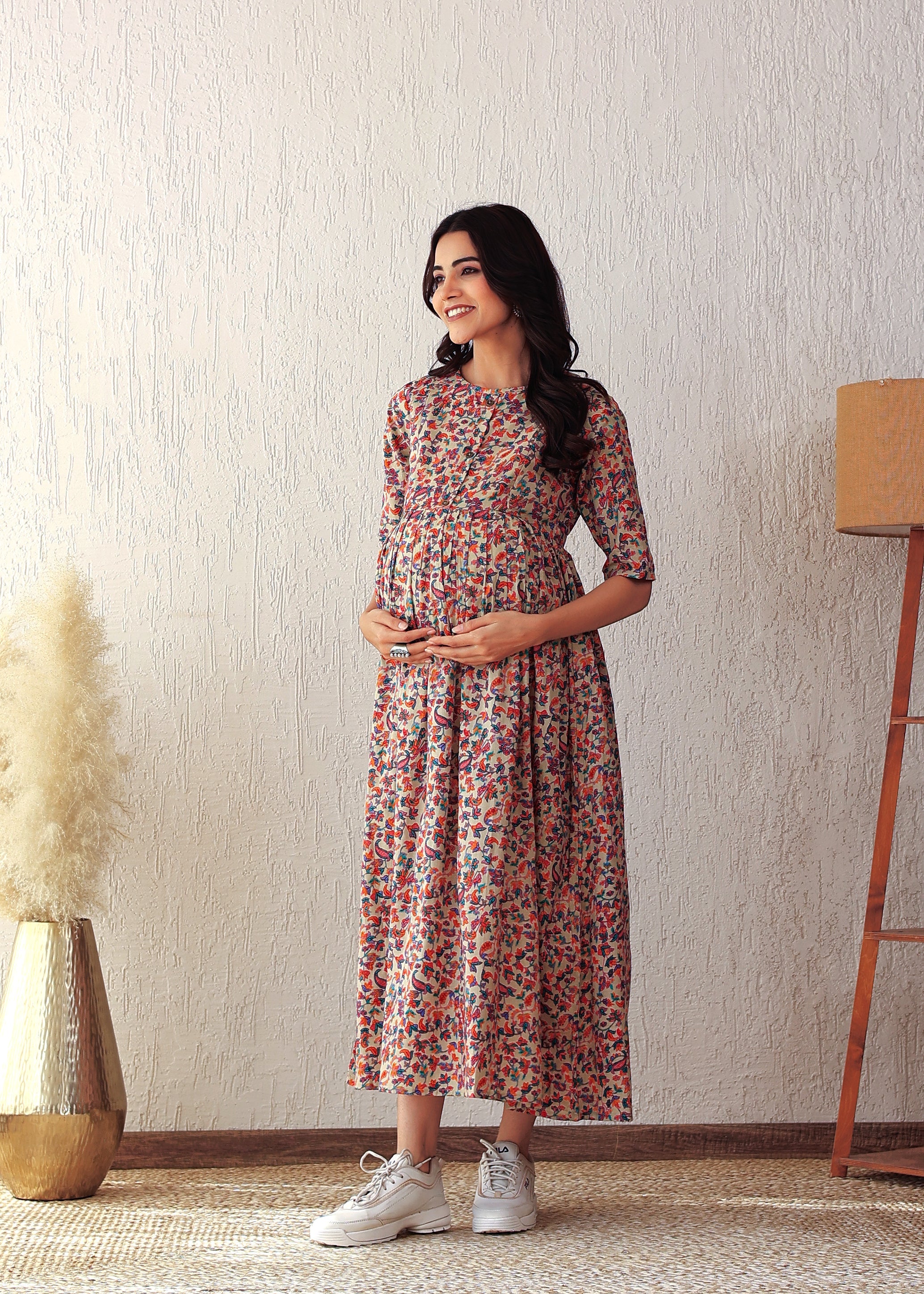 Multicolored Cotton Printed Nursing Gown