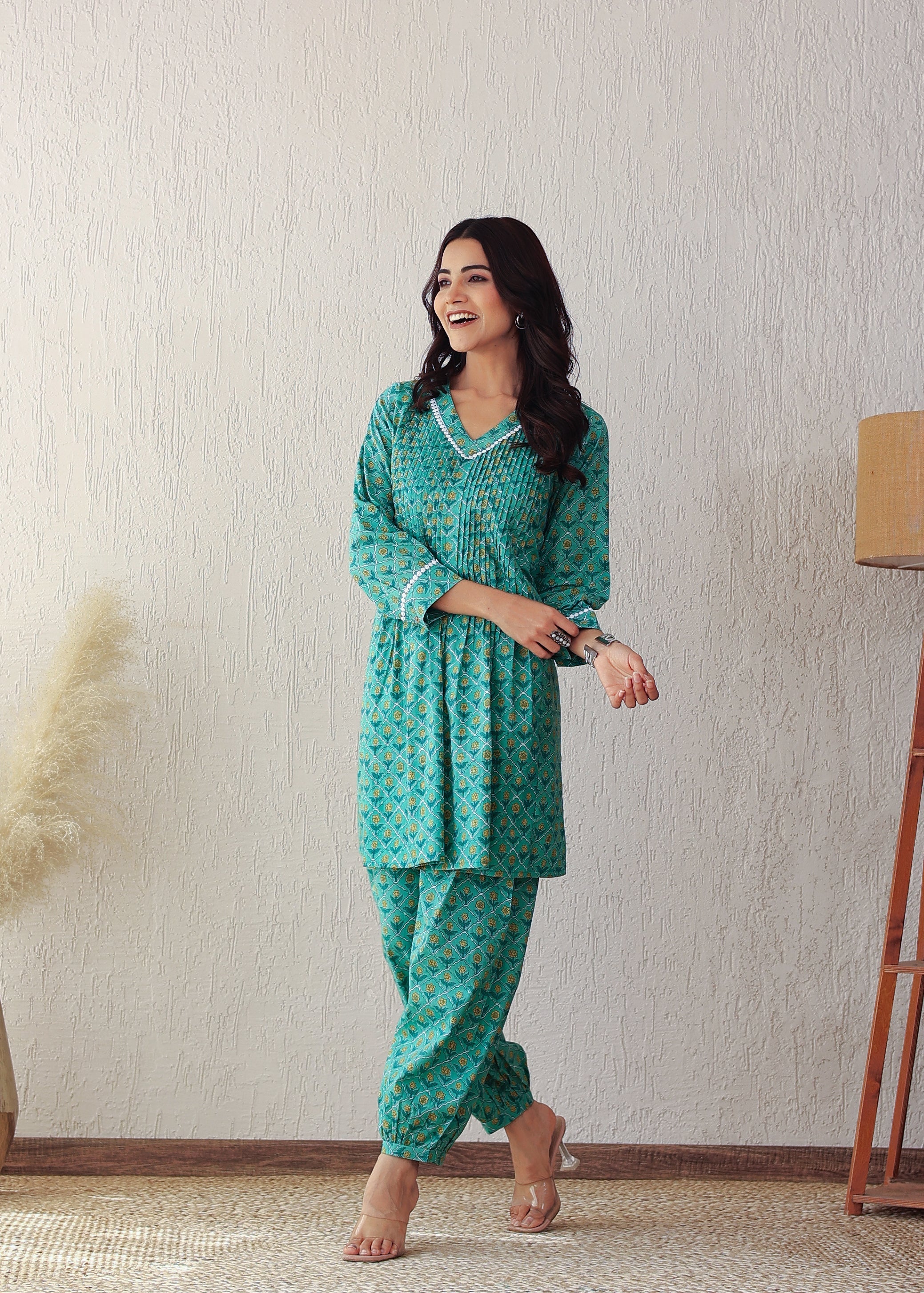 Plus Size Green Floral Co-ord Set: Puff Sleeves, Afgani Pant