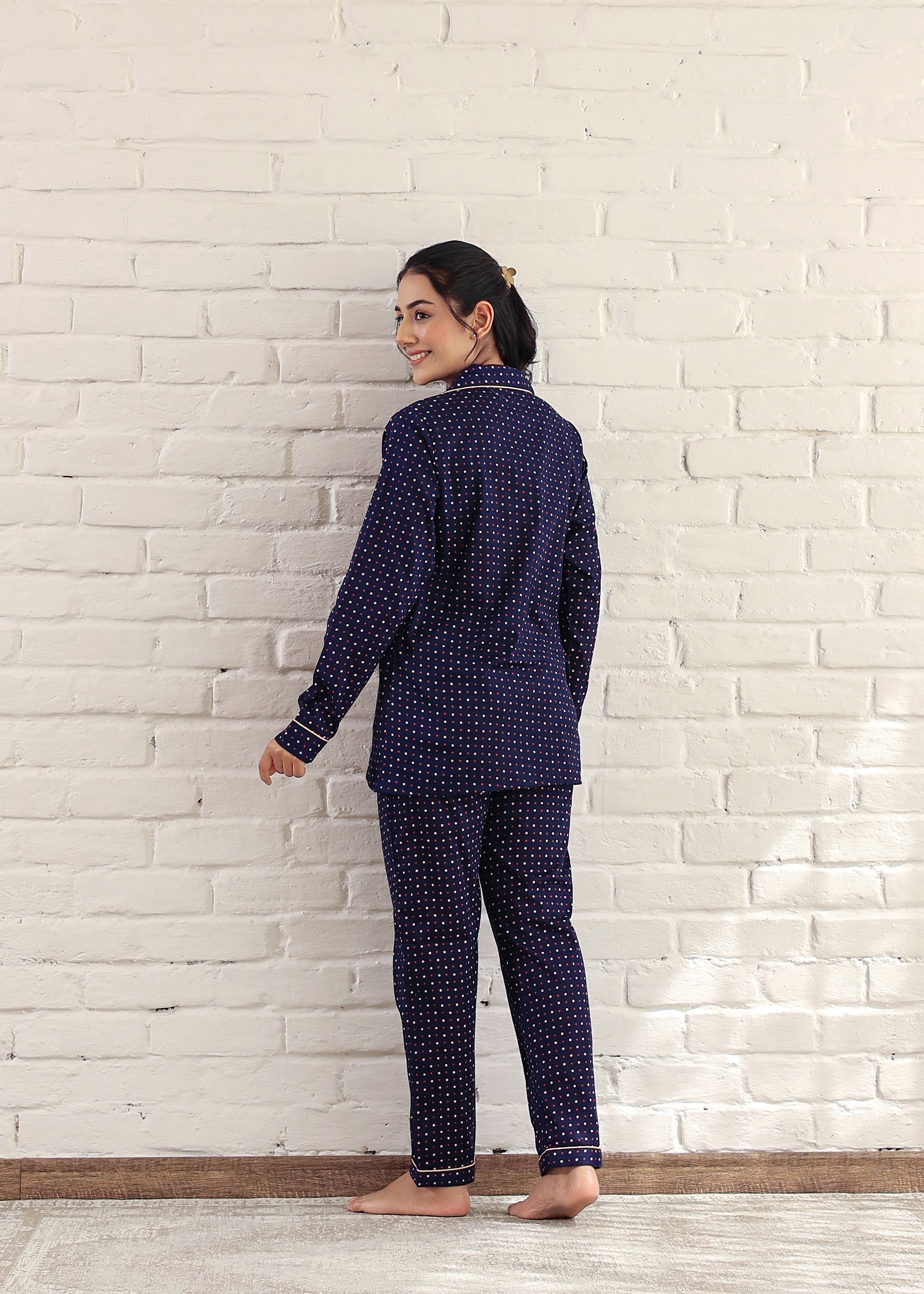 Plus Size Blue Dotted Cotton Night Suit: Cozy Comfort