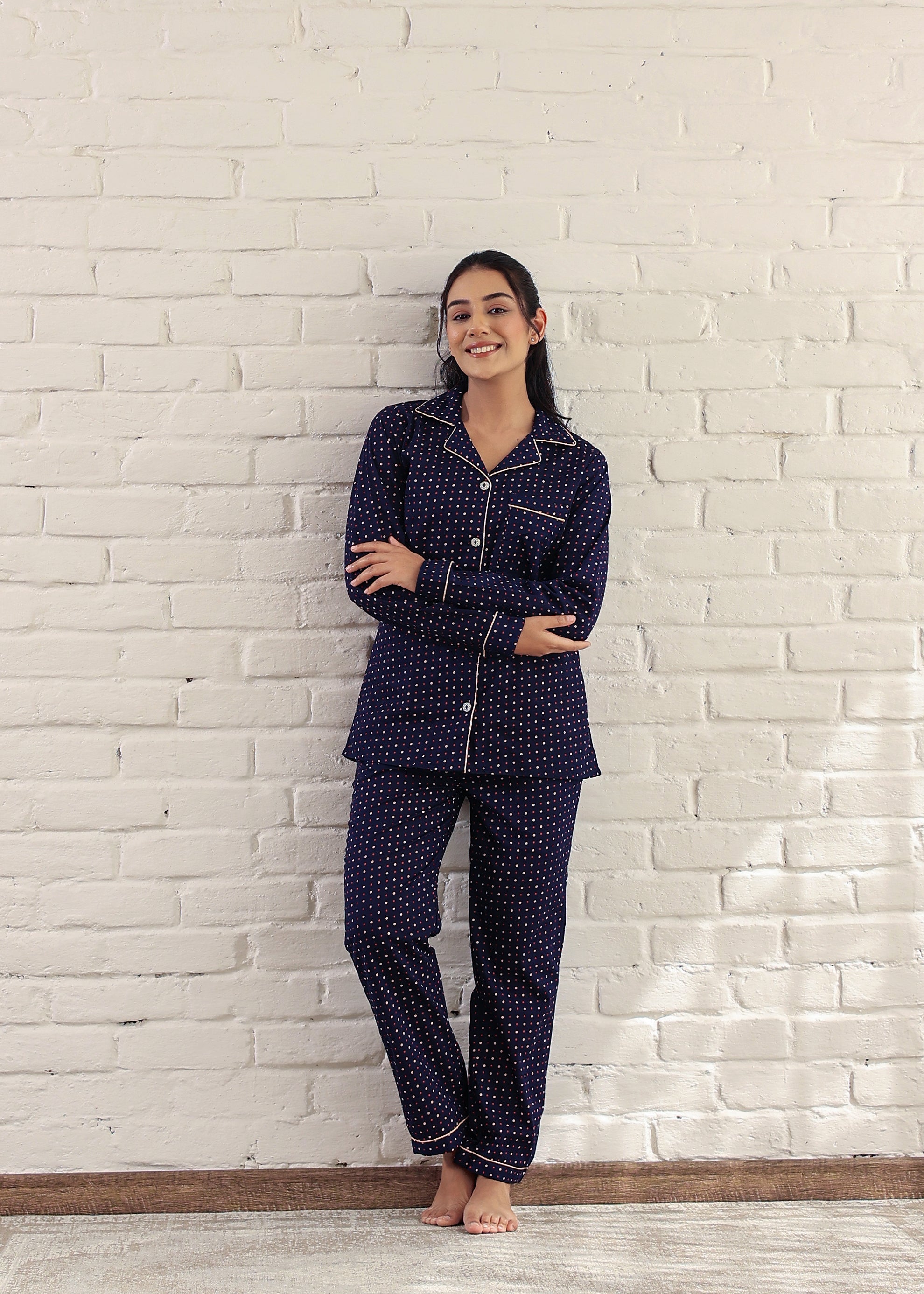 Blue Dotted Cotton Night Suit: Cozy Comfort