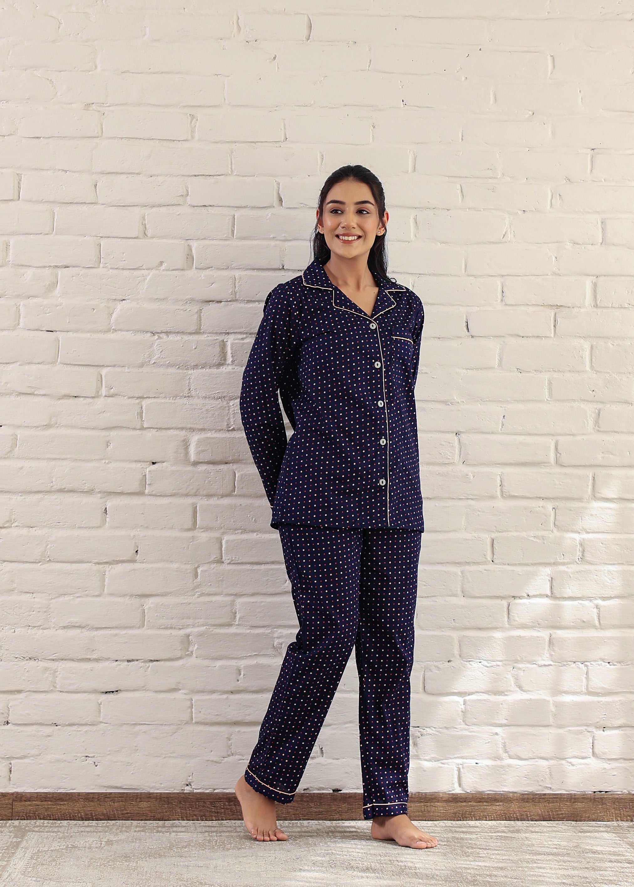 Blue Dotted Cotton Night Suit: Cozy Comfort