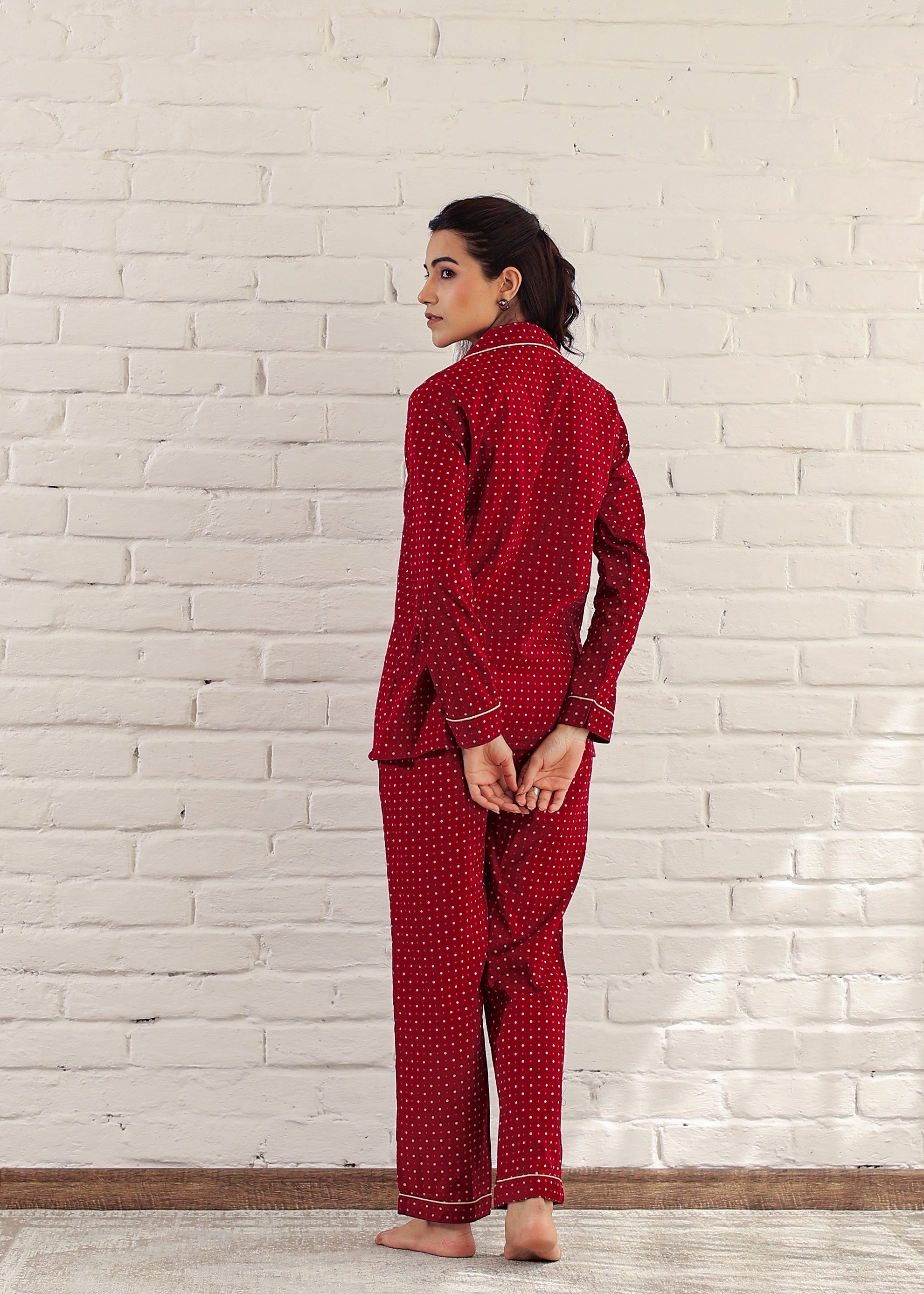 Maroon Dotted Cotton Night Suit: Cozy Comfort, Stylish Design