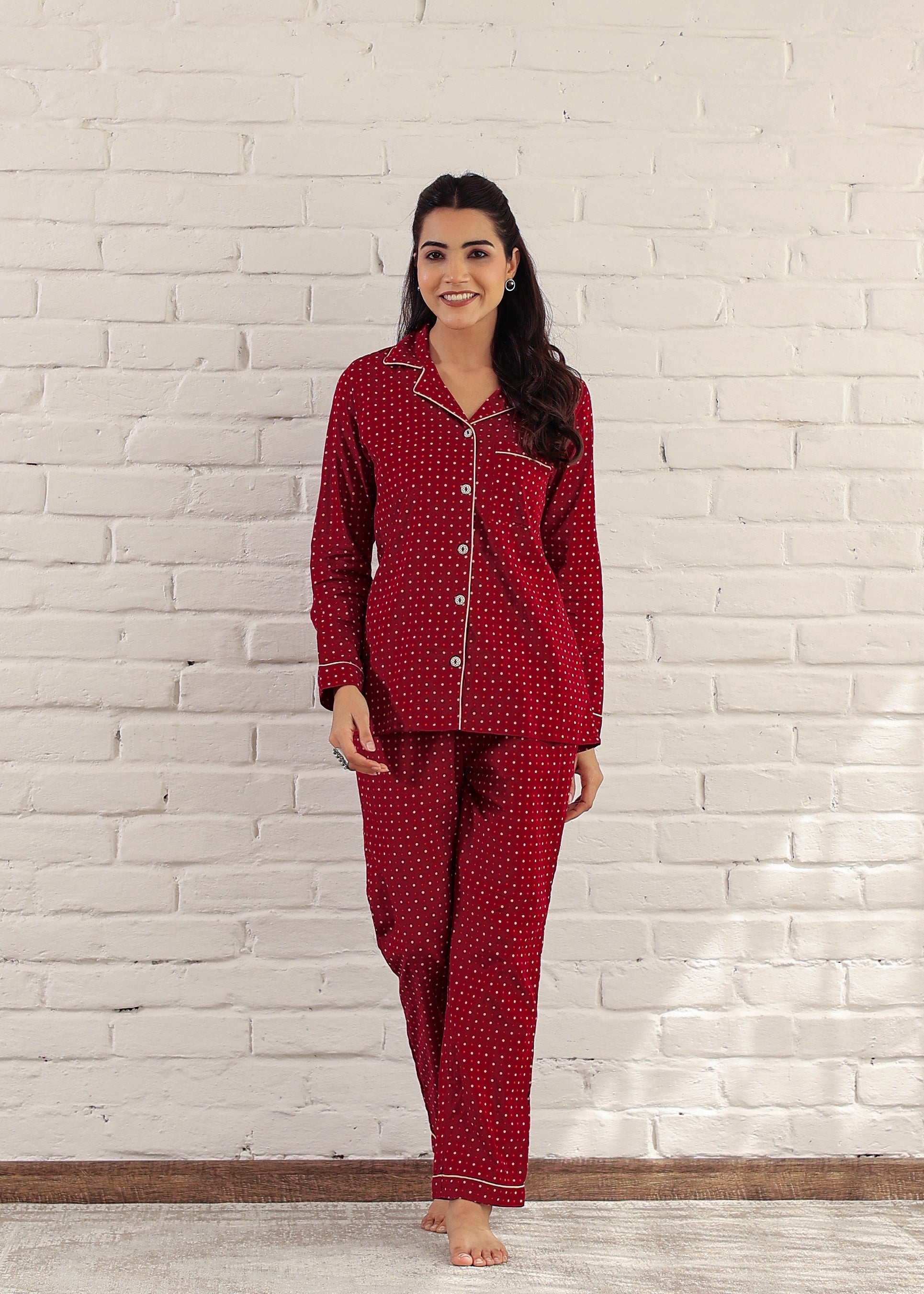 Maroon Dotted Cotton Night Suit: Cozy Comfort, Stylish Design