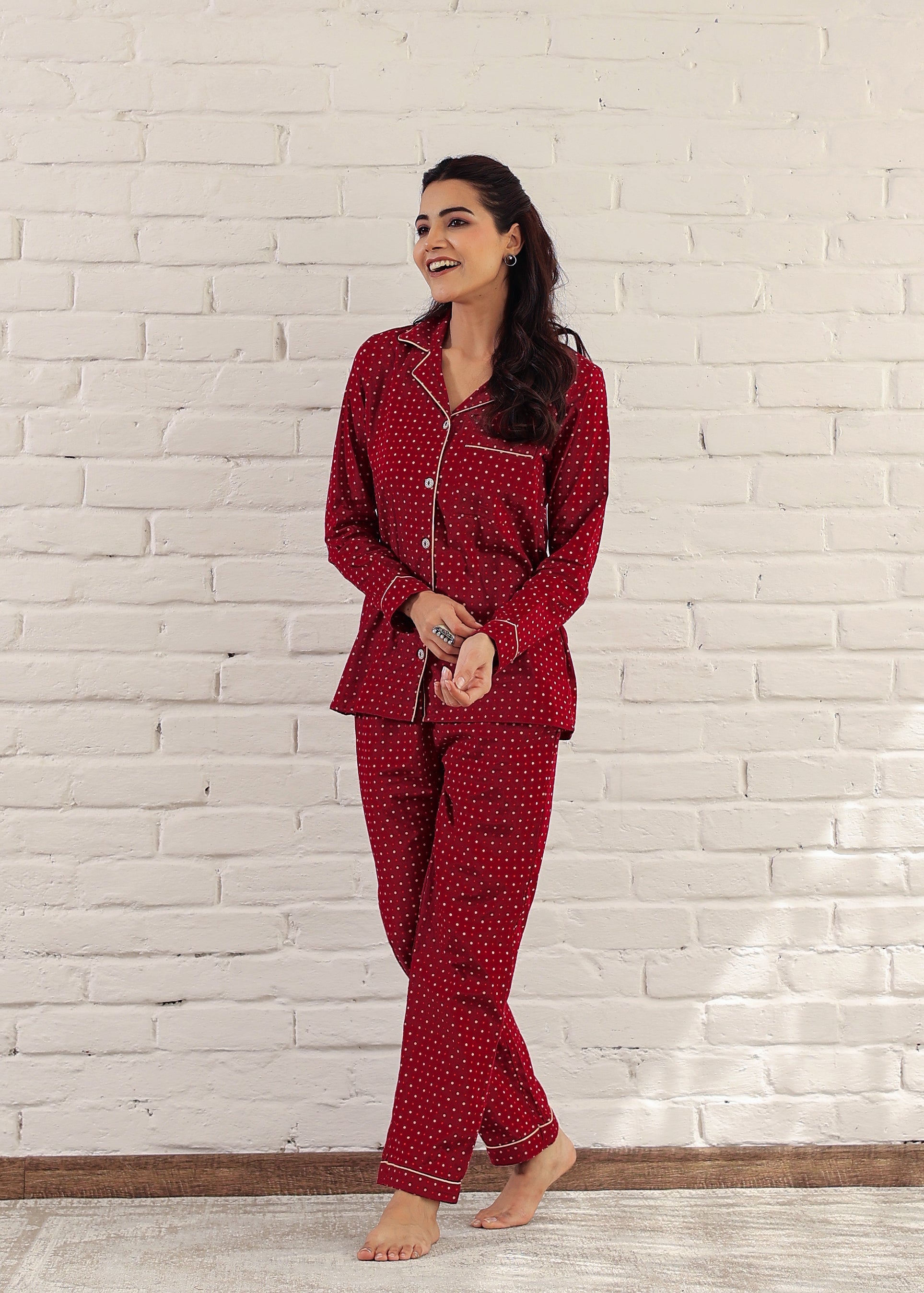 Plus Size Maroon Dotted Cotton Night Suit: Cozy Comfort, Stylish Design