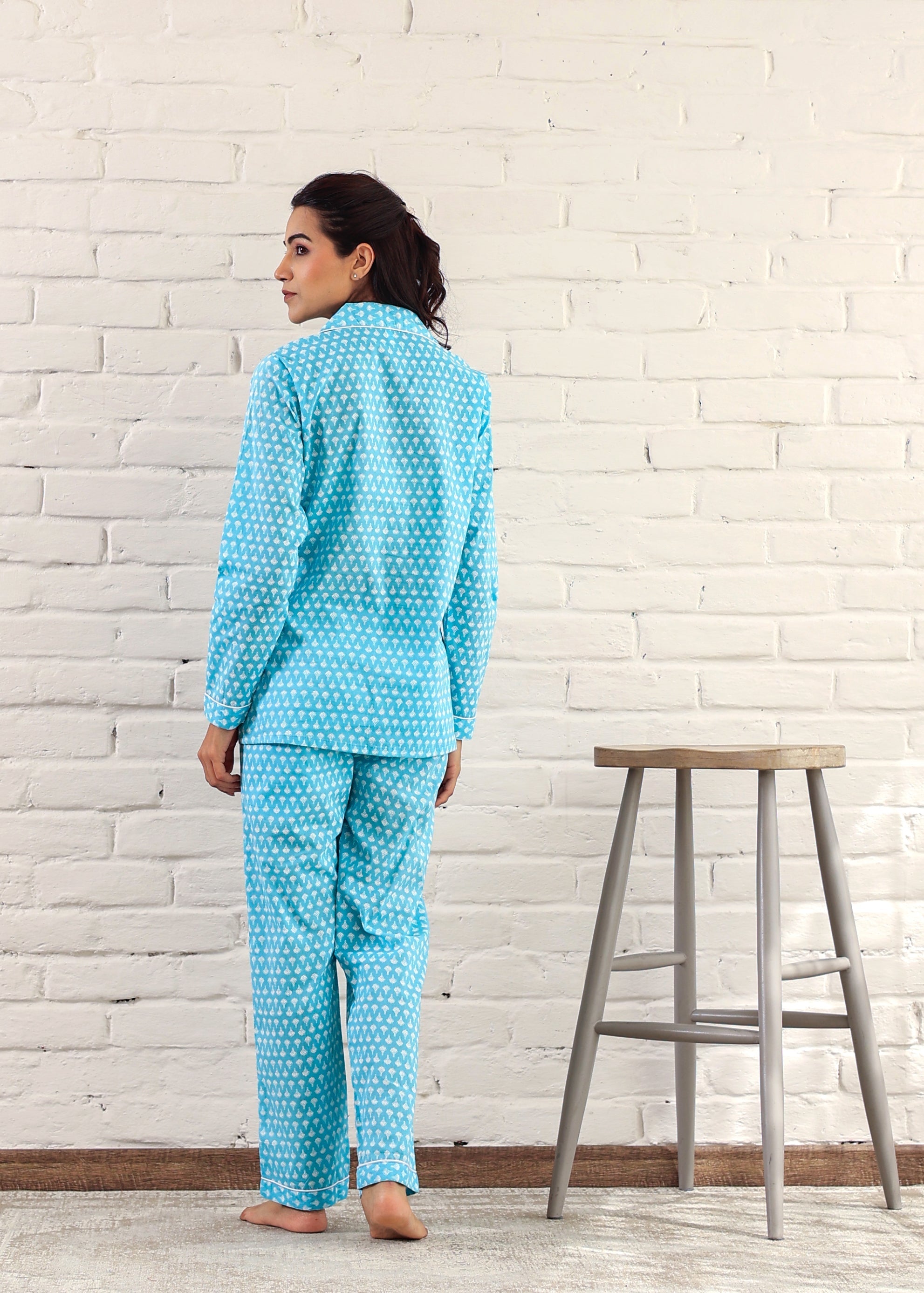 Plus Size Sky Blue Cotton Night Suit: Full Sleeves, Cuban Collar Top
