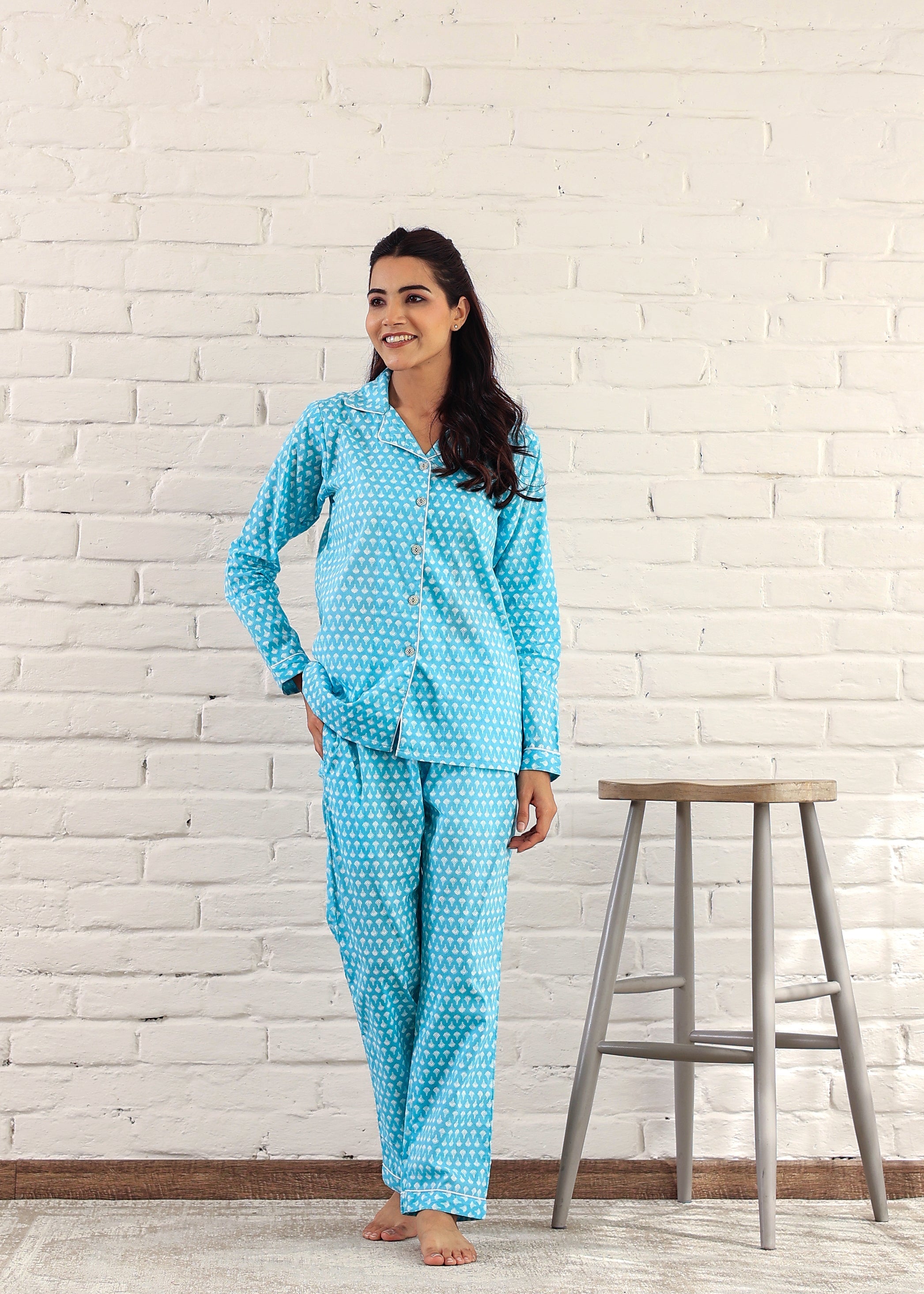 Plus Size Sky Blue Cotton Night Suit: Full Sleeves, Cuban Collar Top