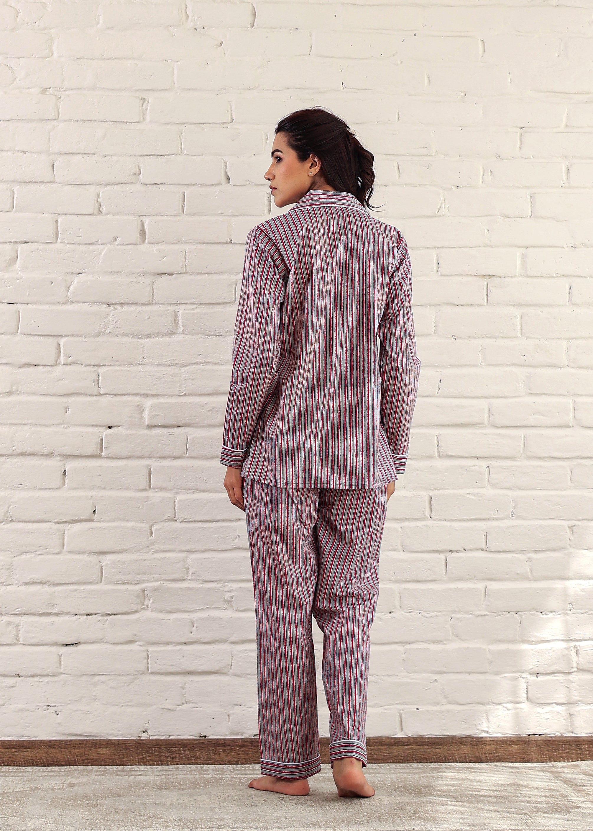 Pink Striped Night Suit: Full Sleeves, Pocket