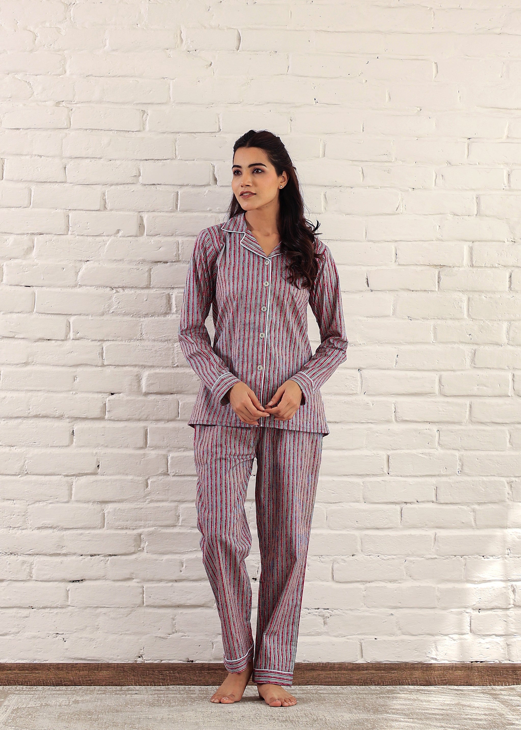 Pink Striped Night Suit: Full Sleeves, Pocket