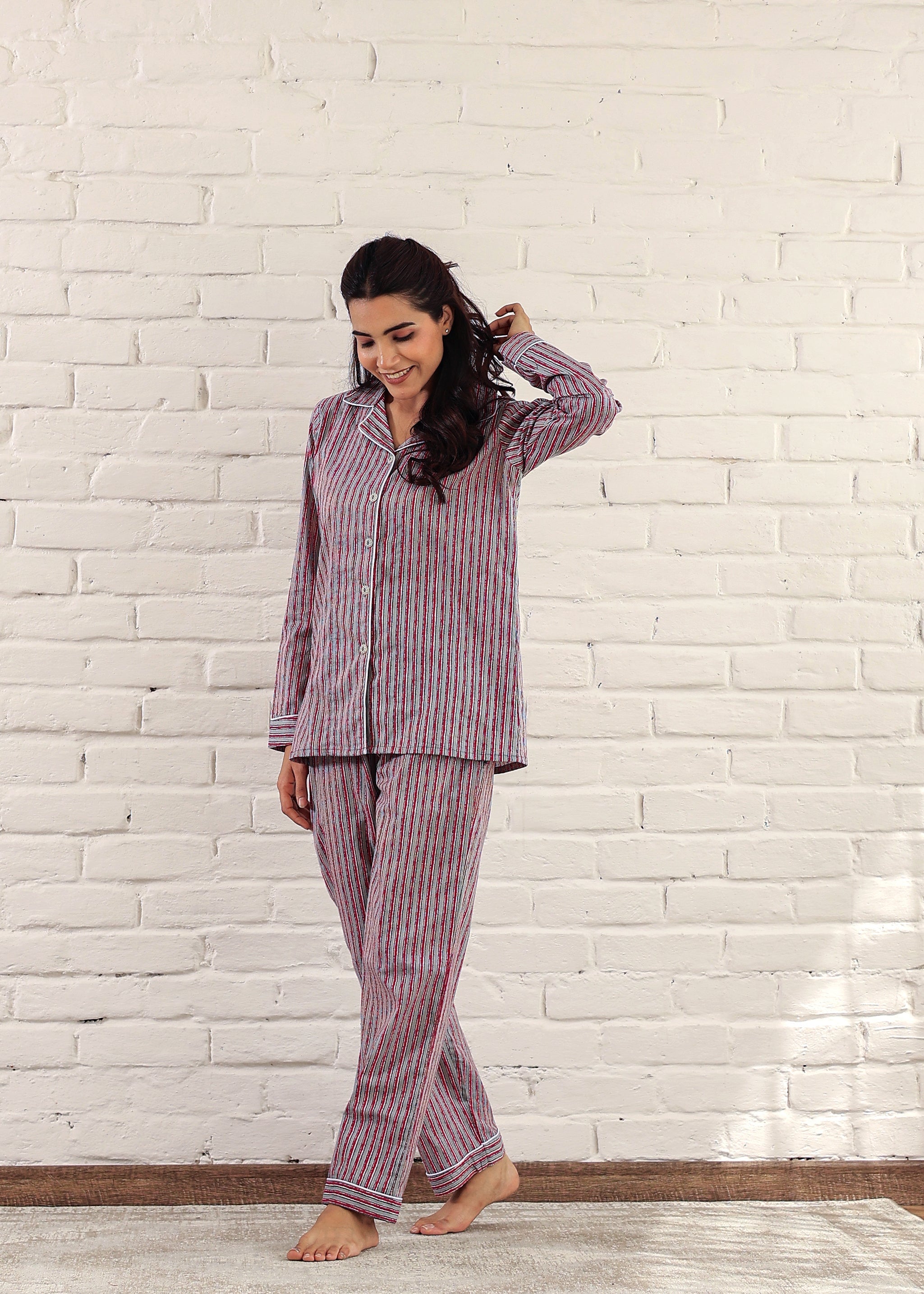 Plus Size Pink Striped Night Suit: Full Sleeves, Pocket