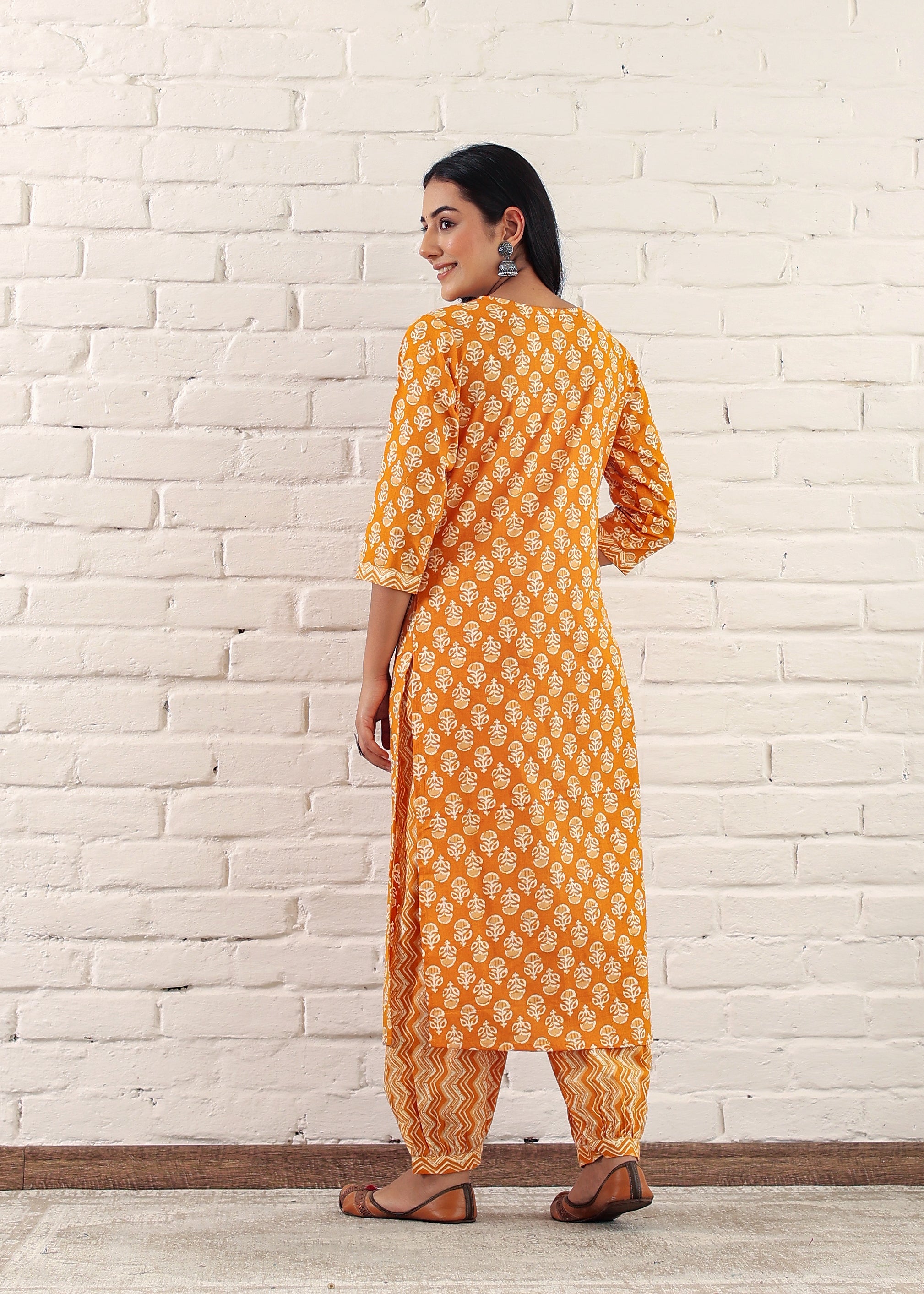 Plus Size Yellow Sanganeri Printed Cotton Kurta Pant and Dupatta Set