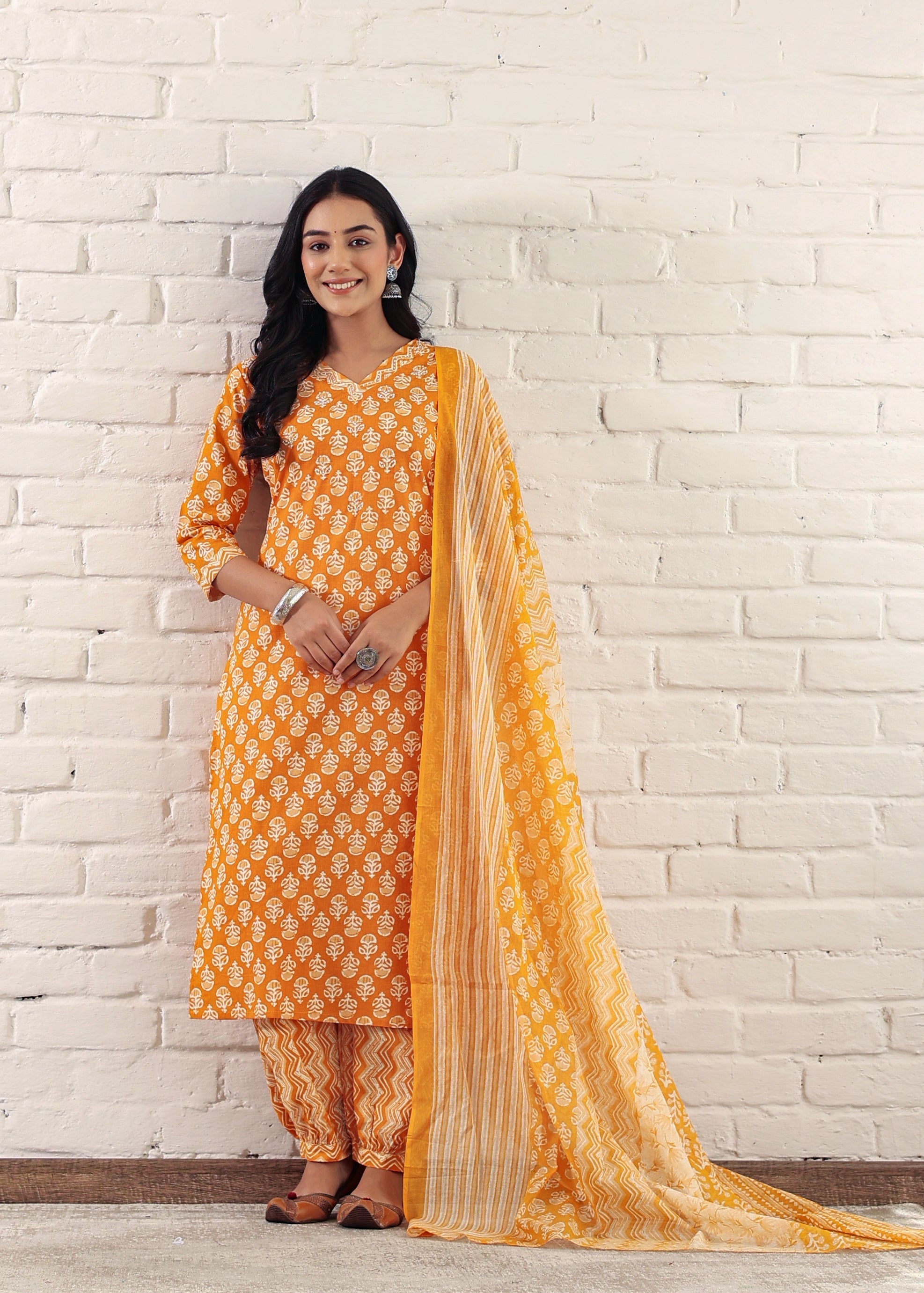 Plus Size Yellow Sanganeri Printed Cotton Kurta Pant and Dupatta Set