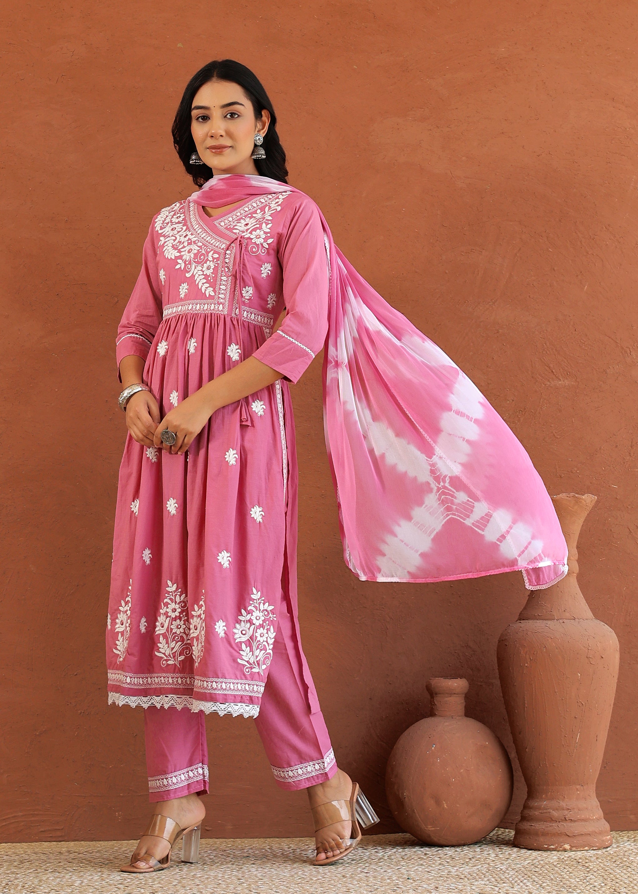 Pink Cotton Embroidered Angrakha Kurta Set