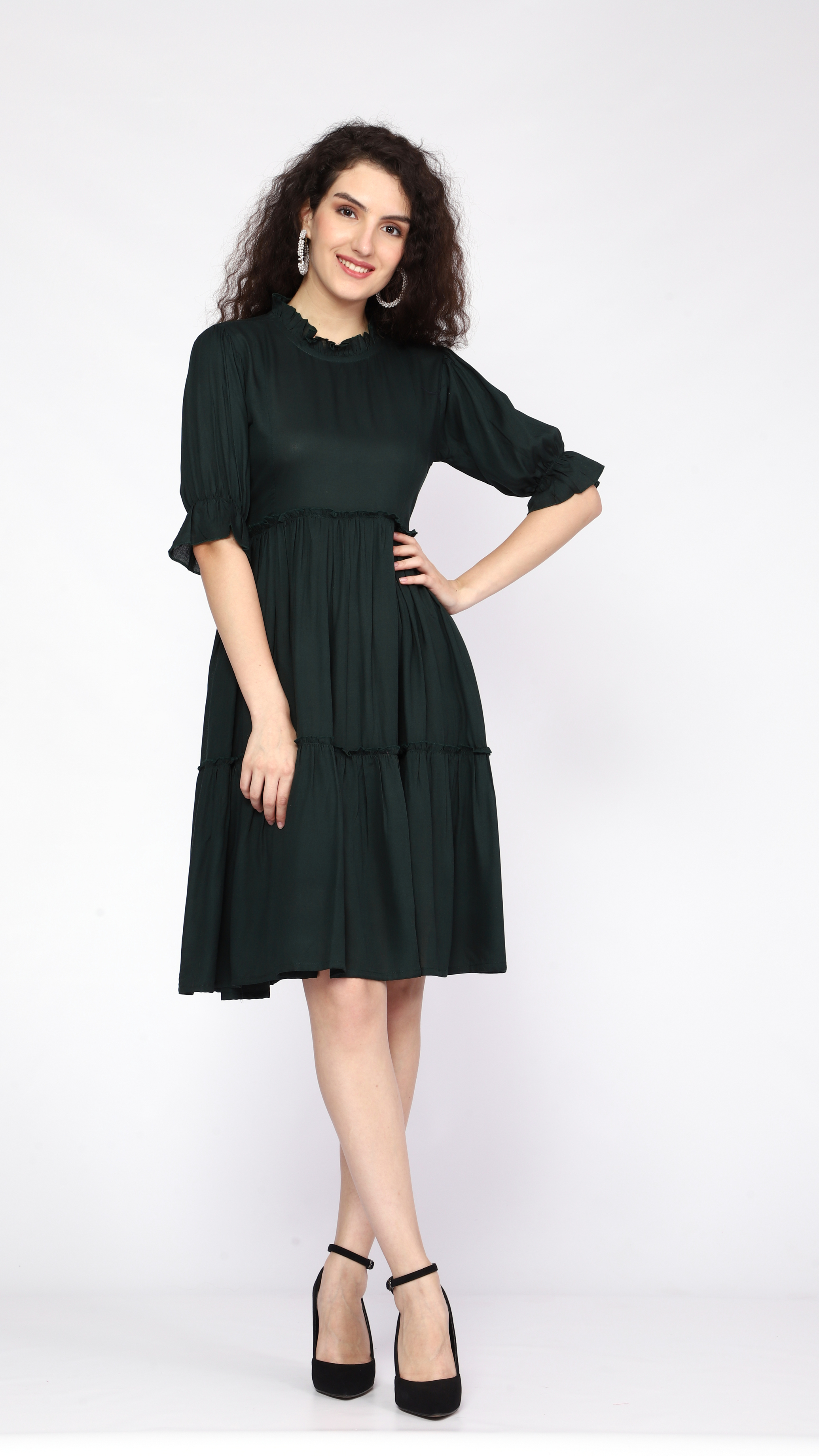 Solid Fit and Flare Dress: Calf-Length
