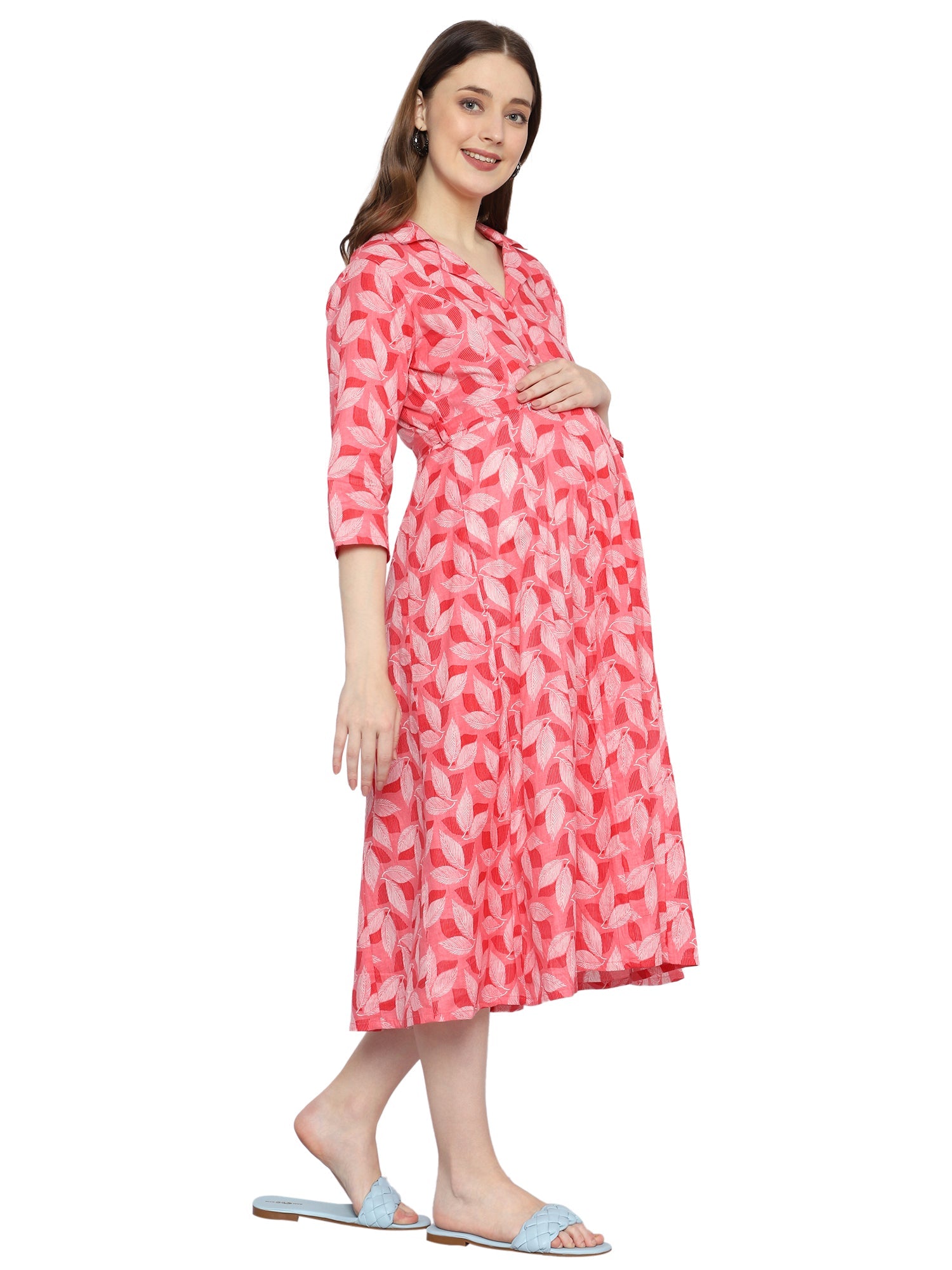 Pure Cotton Feeding Maternity Dress with Twin Zipper and Leaf Print