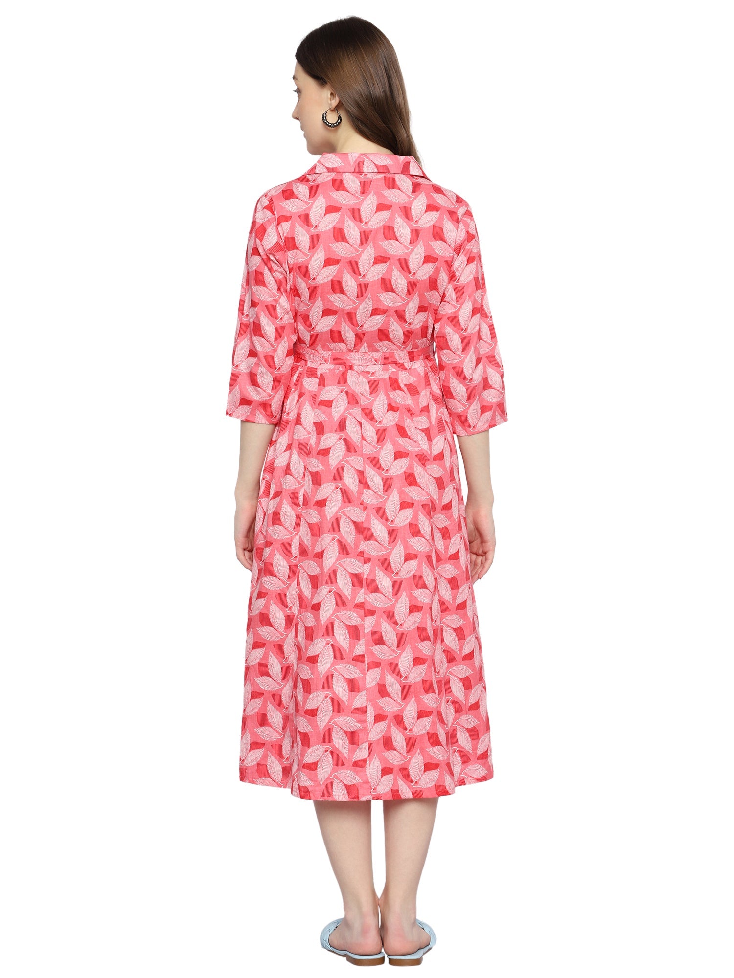 Pure Cotton Feeding Maternity Dress with Twin Zipper and Leaf Print
