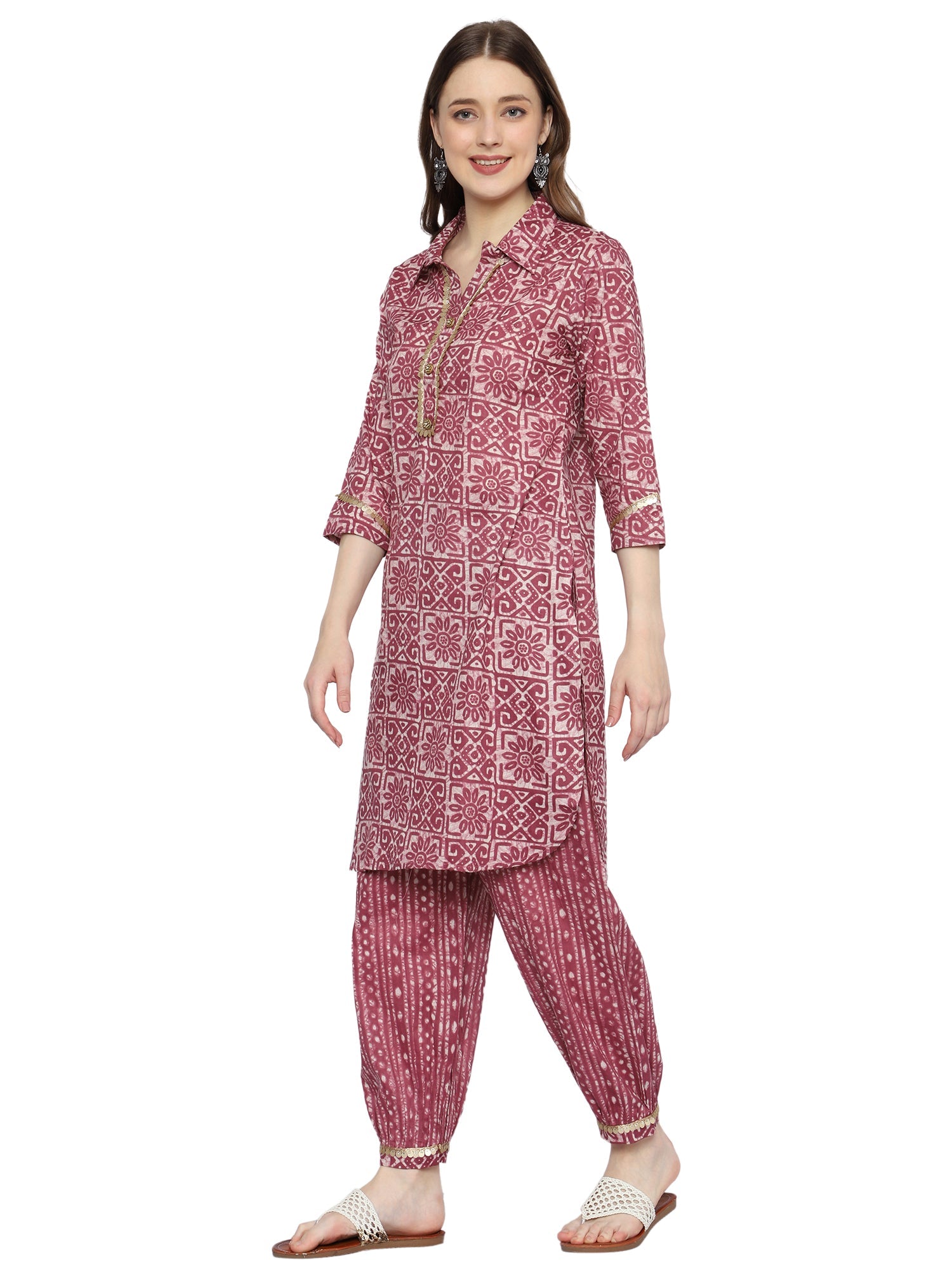 Plus Size Pink Rayon Ethnic Co-ord Set with Printed White Lines
