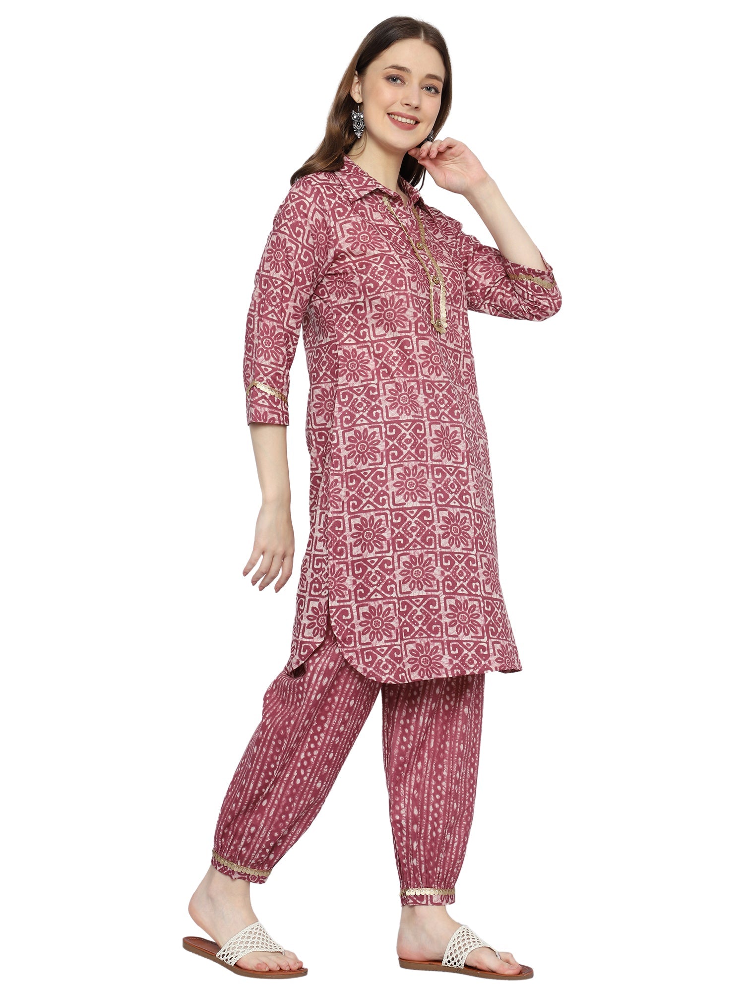 Plus Size Pink Rayon Ethnic Co-ord Set with Printed White Lines