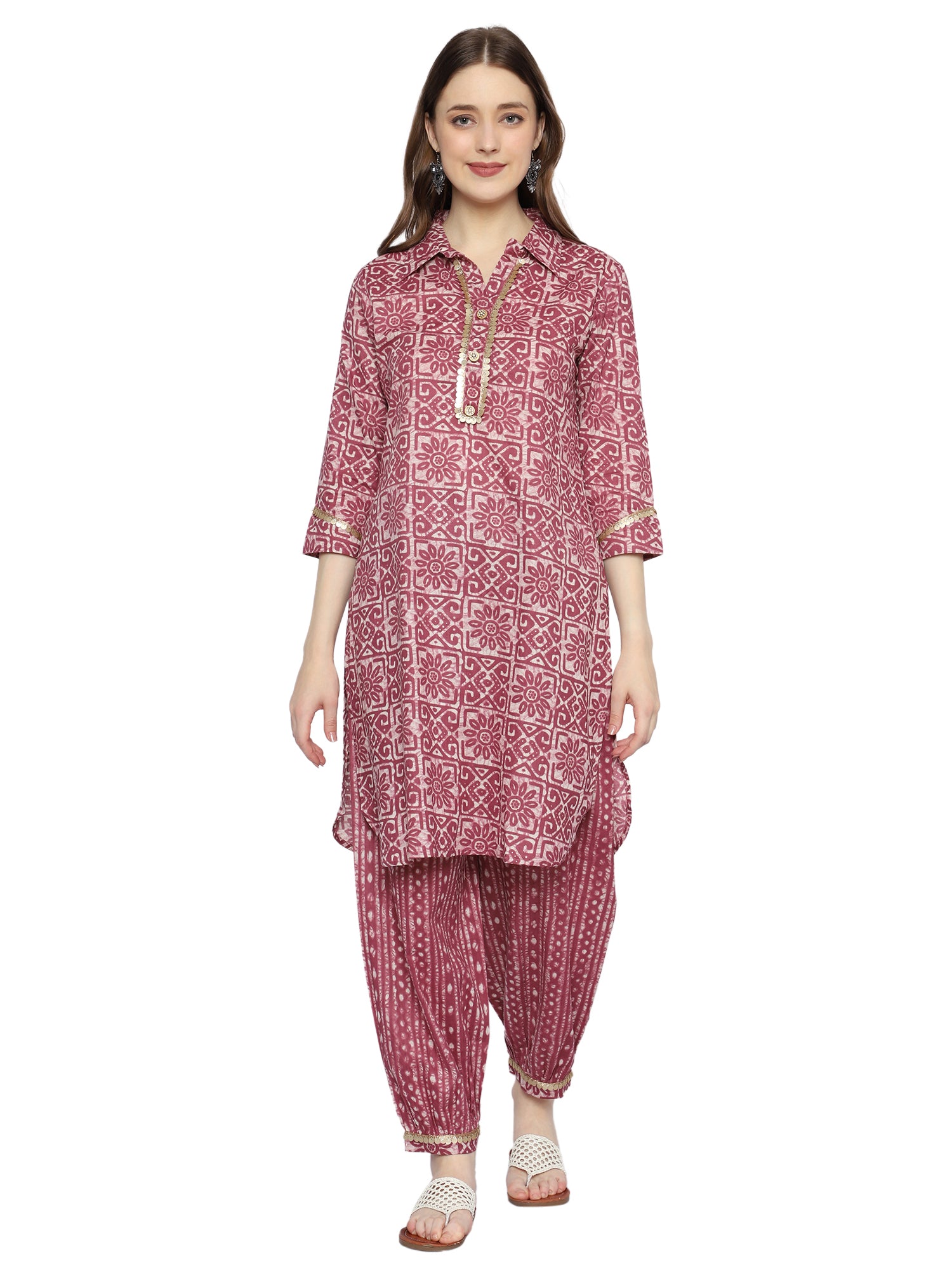 Pink Rayon Ethnic Co-ord Set with Printed White Lines