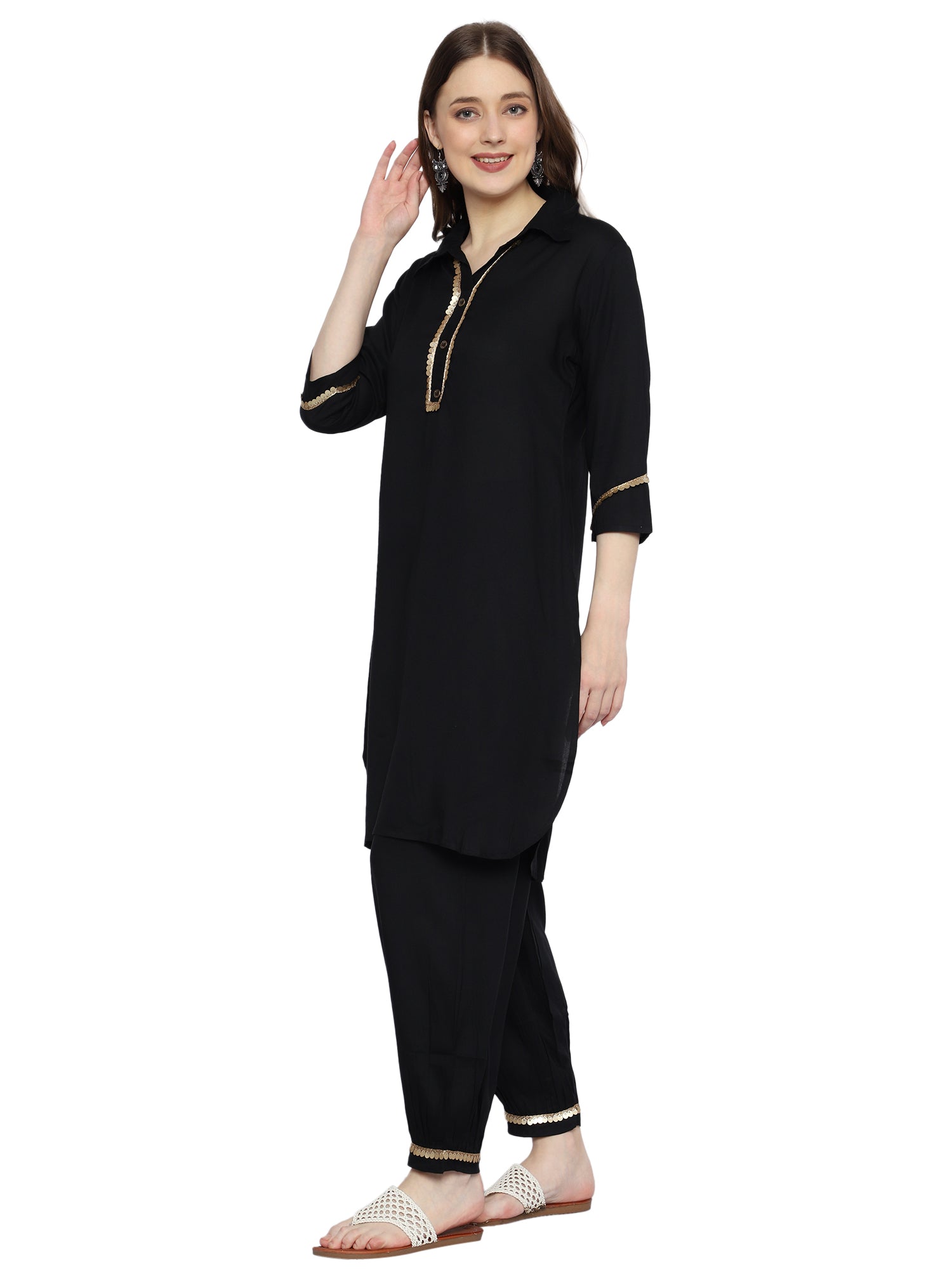 Plus Size Black Rayon Co-ord Set with Coller  and Pockets