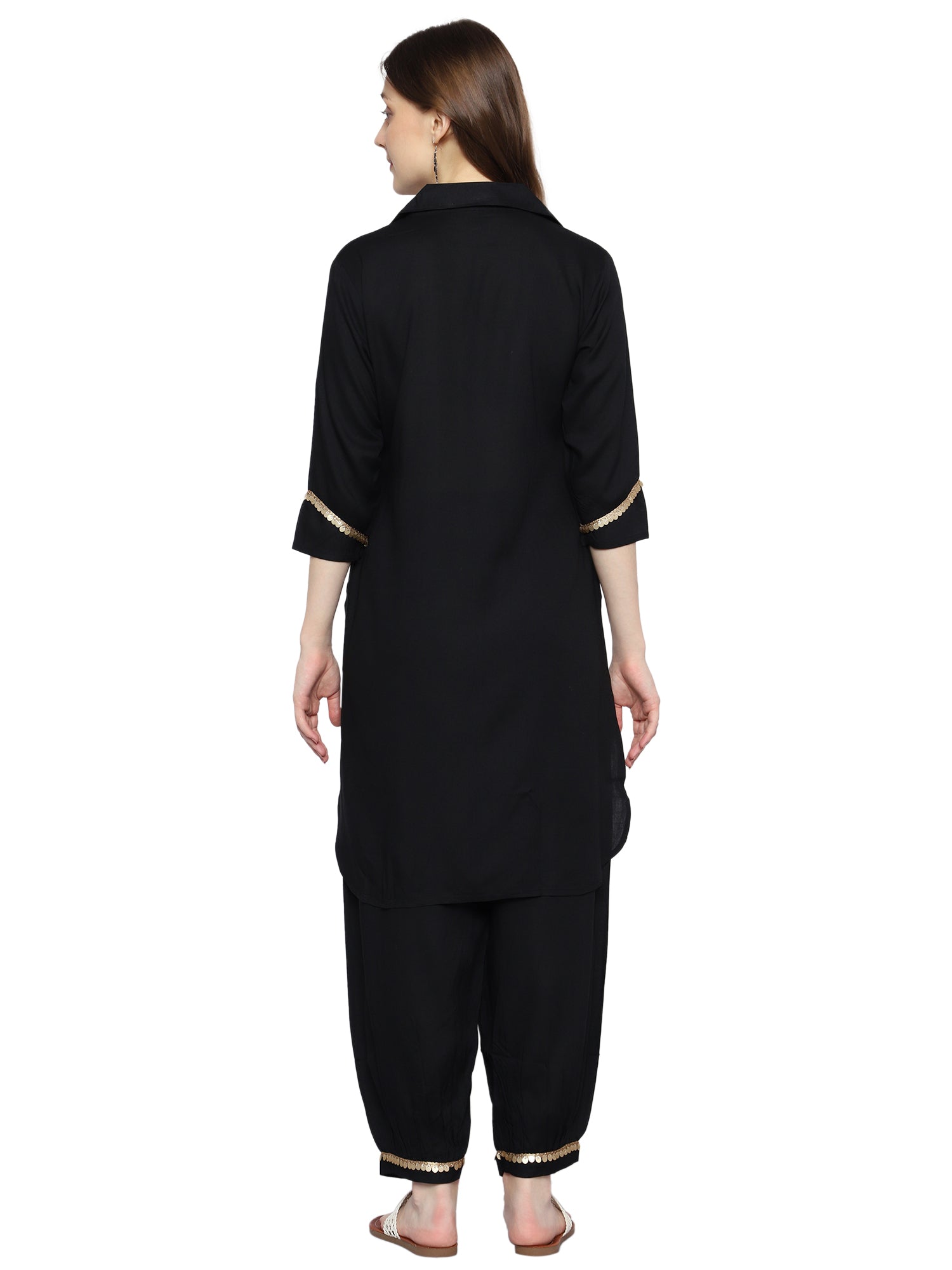 Plus Size Black Rayon Co-ord Set with Coller  and Pockets