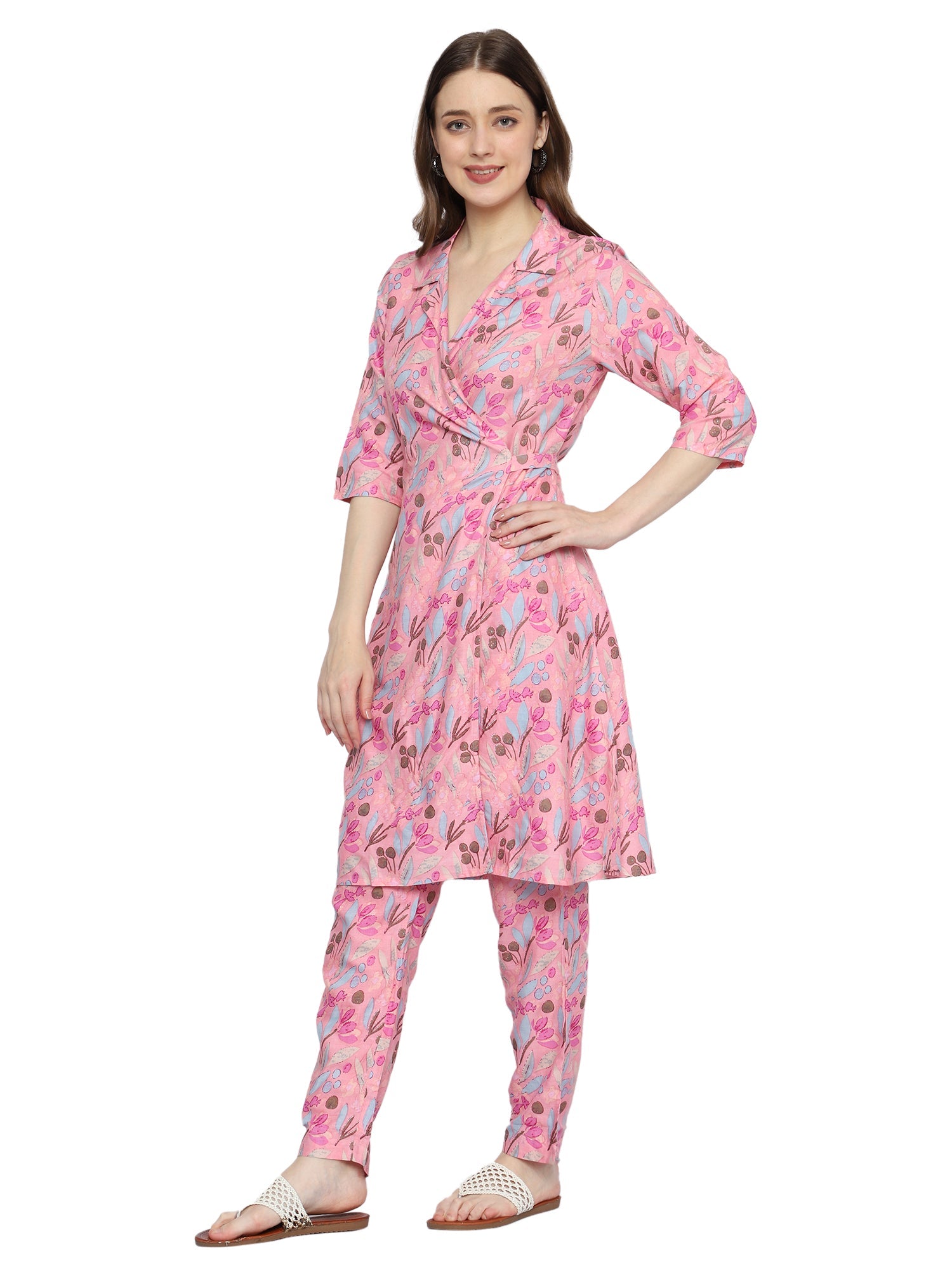 Pink Printed Rayon Co-ord Set with V-Neck and Pocket