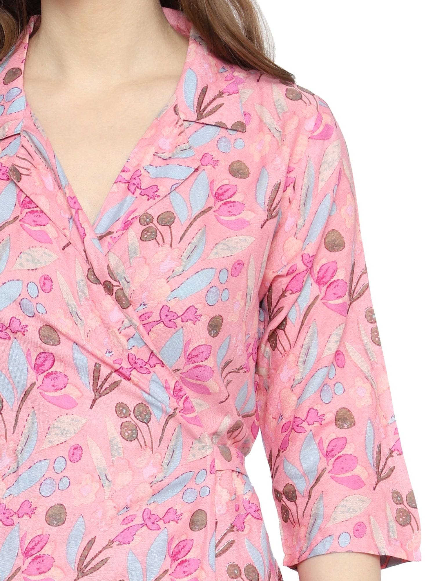 Plus Size Pink Printed Rayon Co-ord Set with V-Neck and Pocket