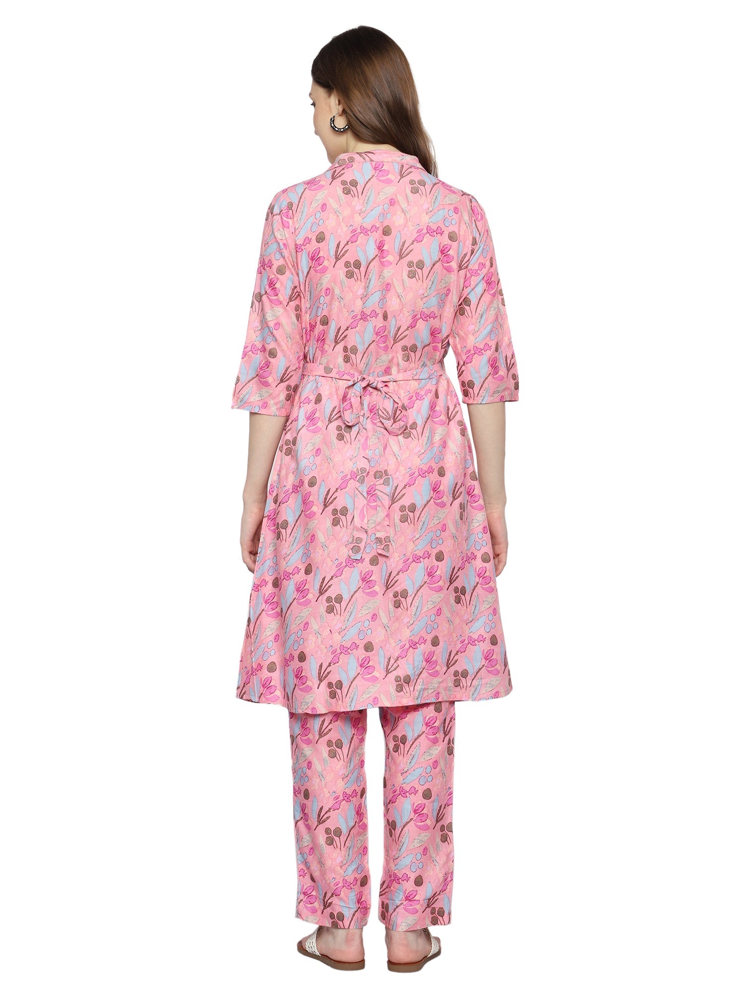 Plus Size Pink Printed Rayon Co-ord Set with V-Neck and Pocket