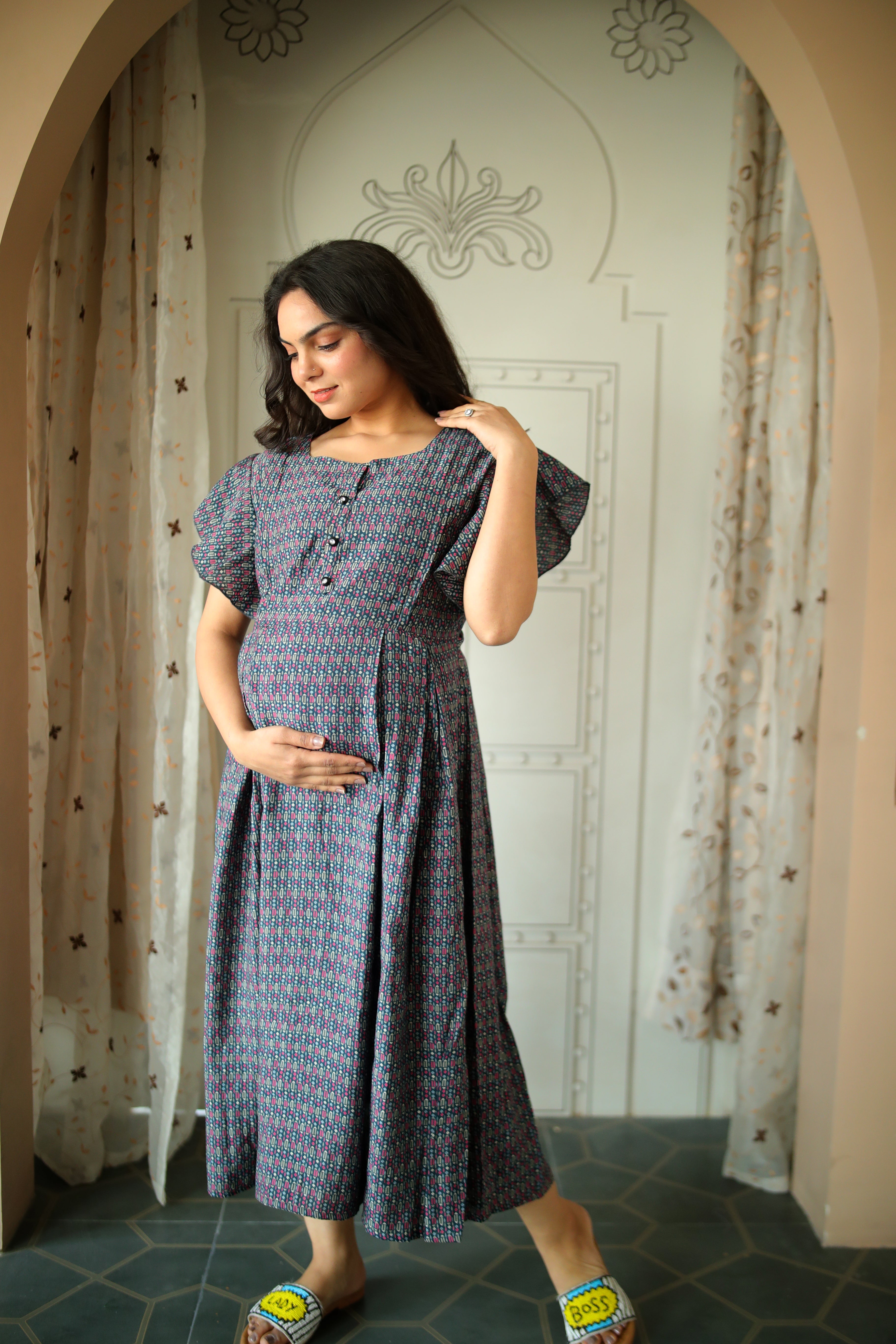 Chic Square Neck Modal Maternity Dress with Flared Sleeves