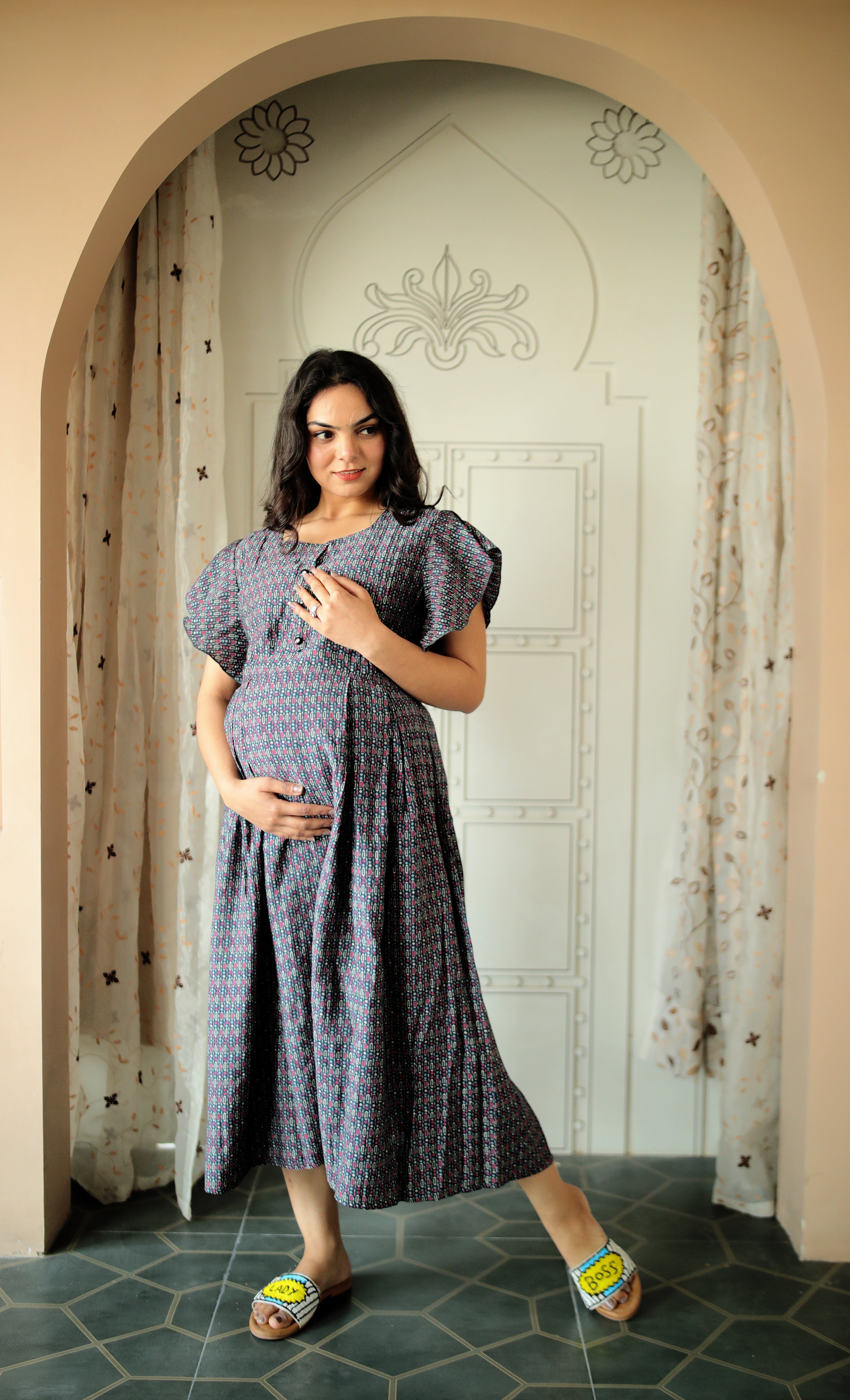 Plus size Chic Square Neck Modal Maternity Dress with Flared Sleeves