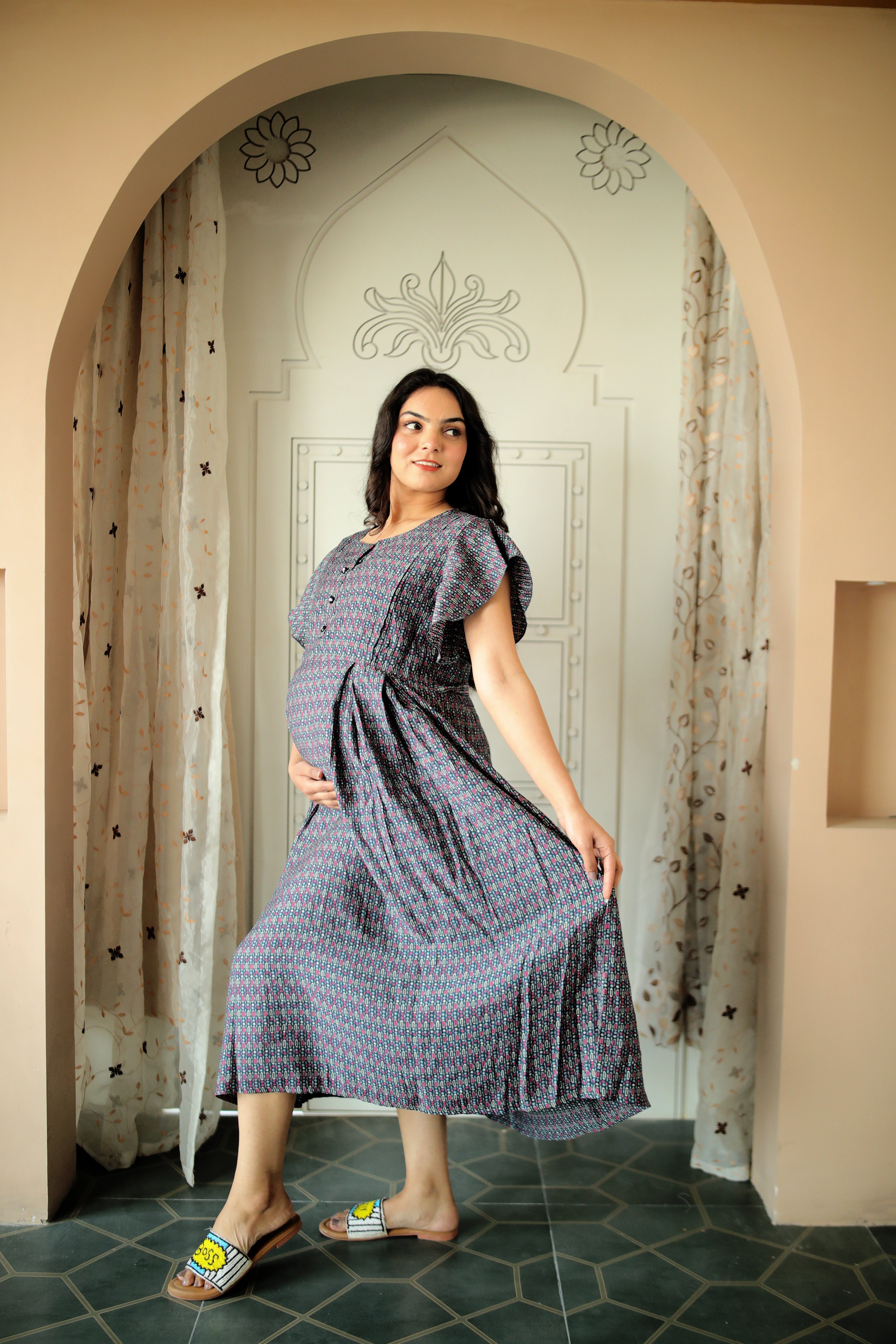 Plus size Chic Square Neck Modal Maternity Dress with Flared Sleeves