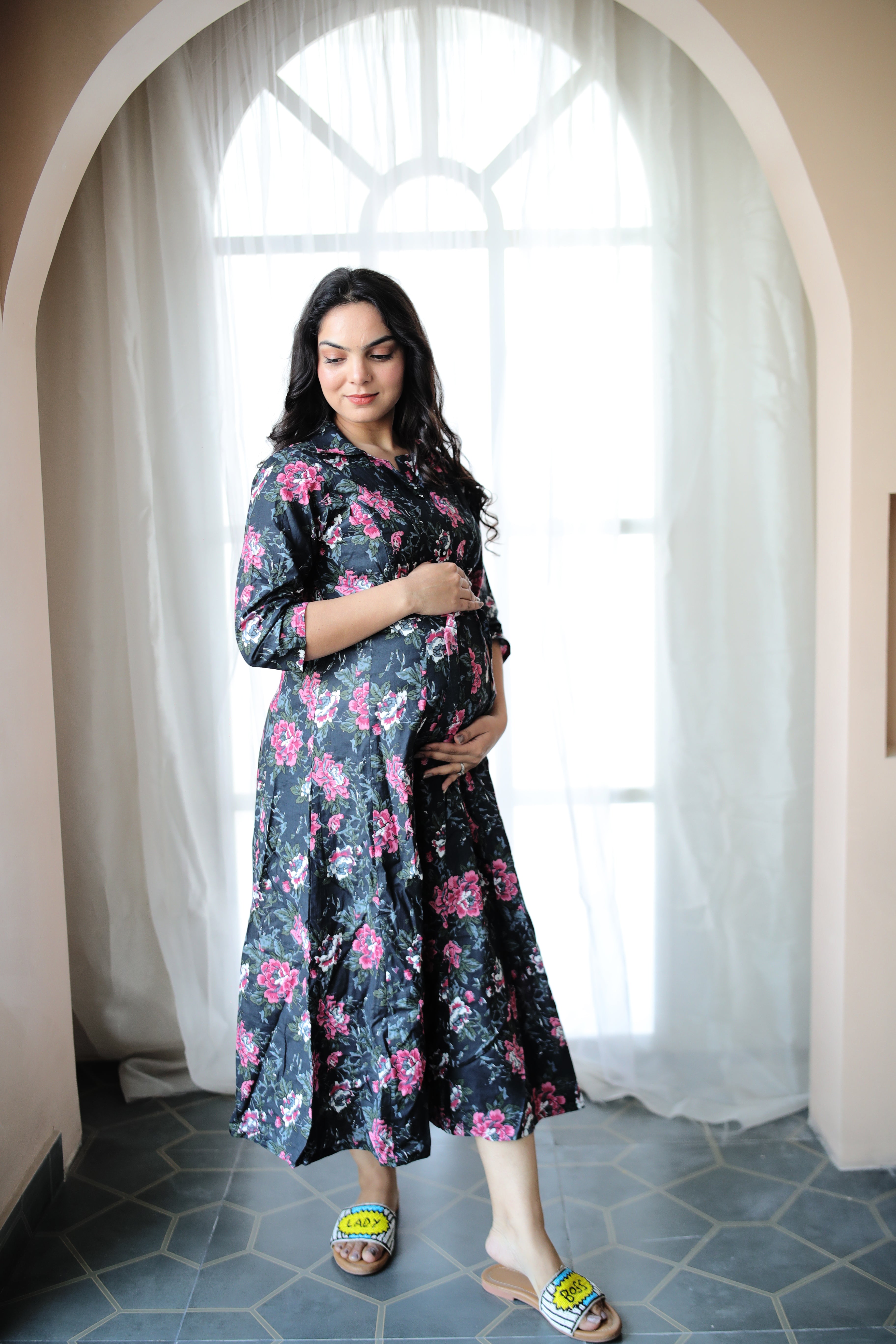 Floral Print Maternity Dress with fabric belt