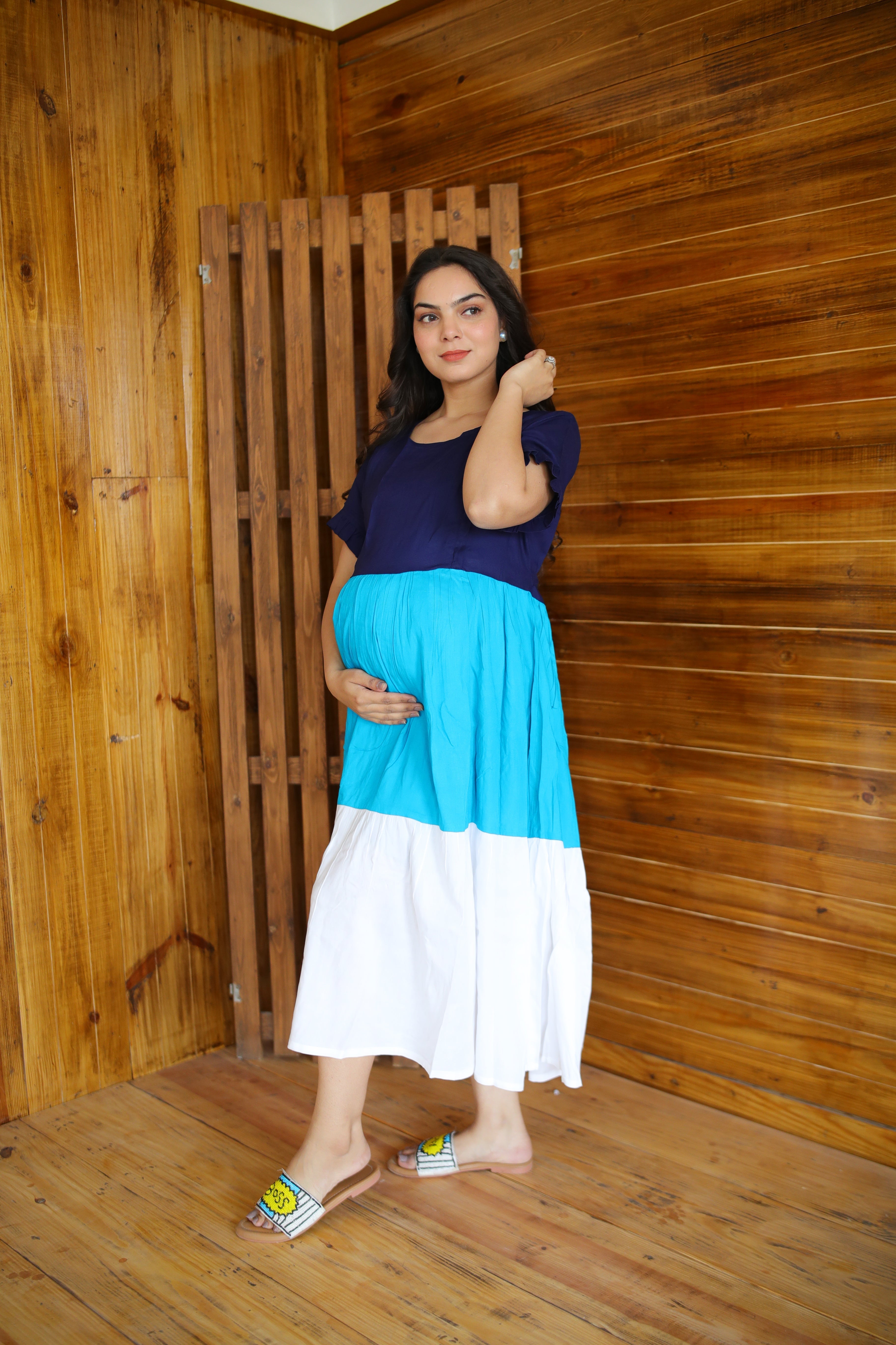 Plus size Rayon Blue Maternity Dress with Twin Zipper