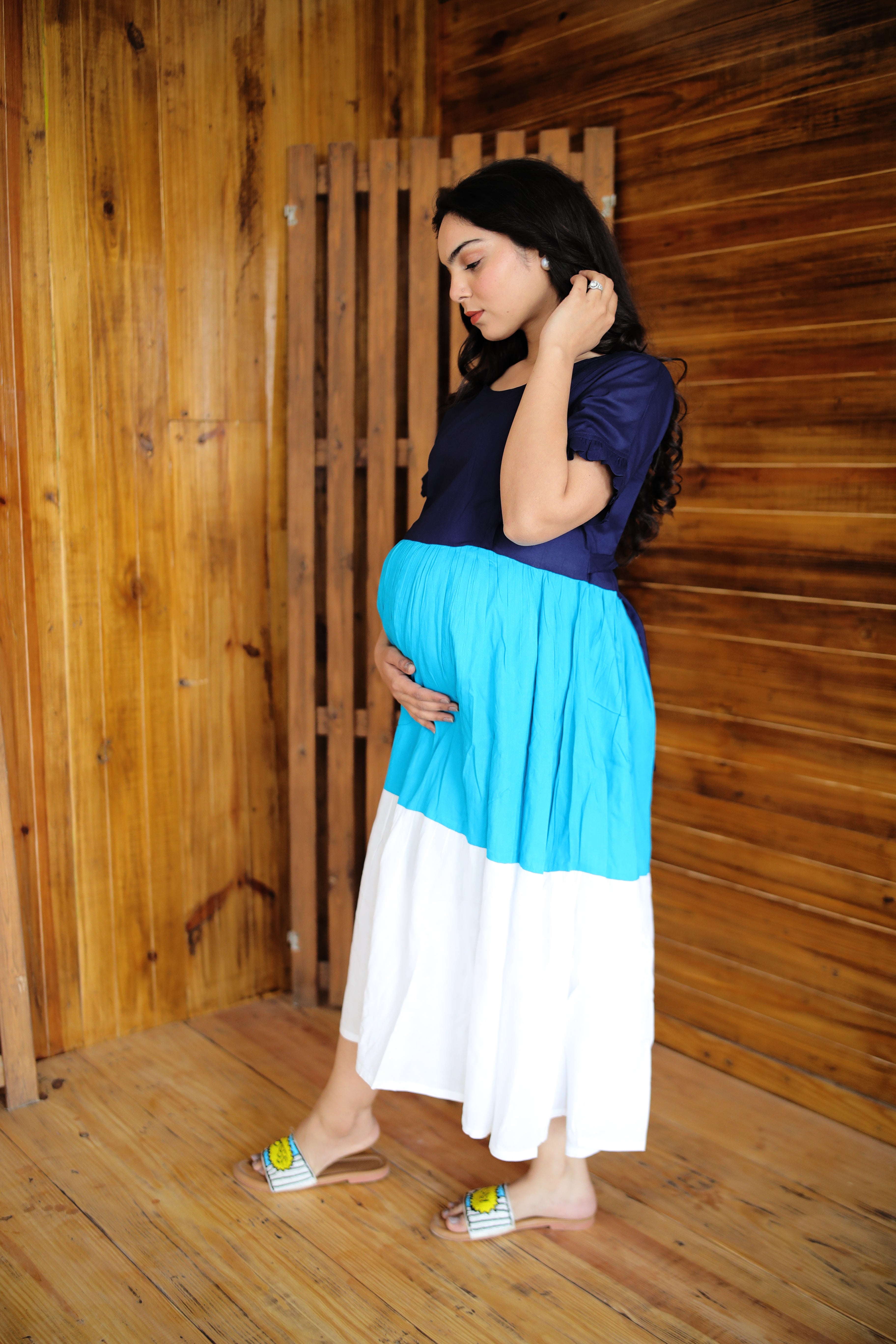 Rayon Blue Maternity Dress with Twin Zipper
